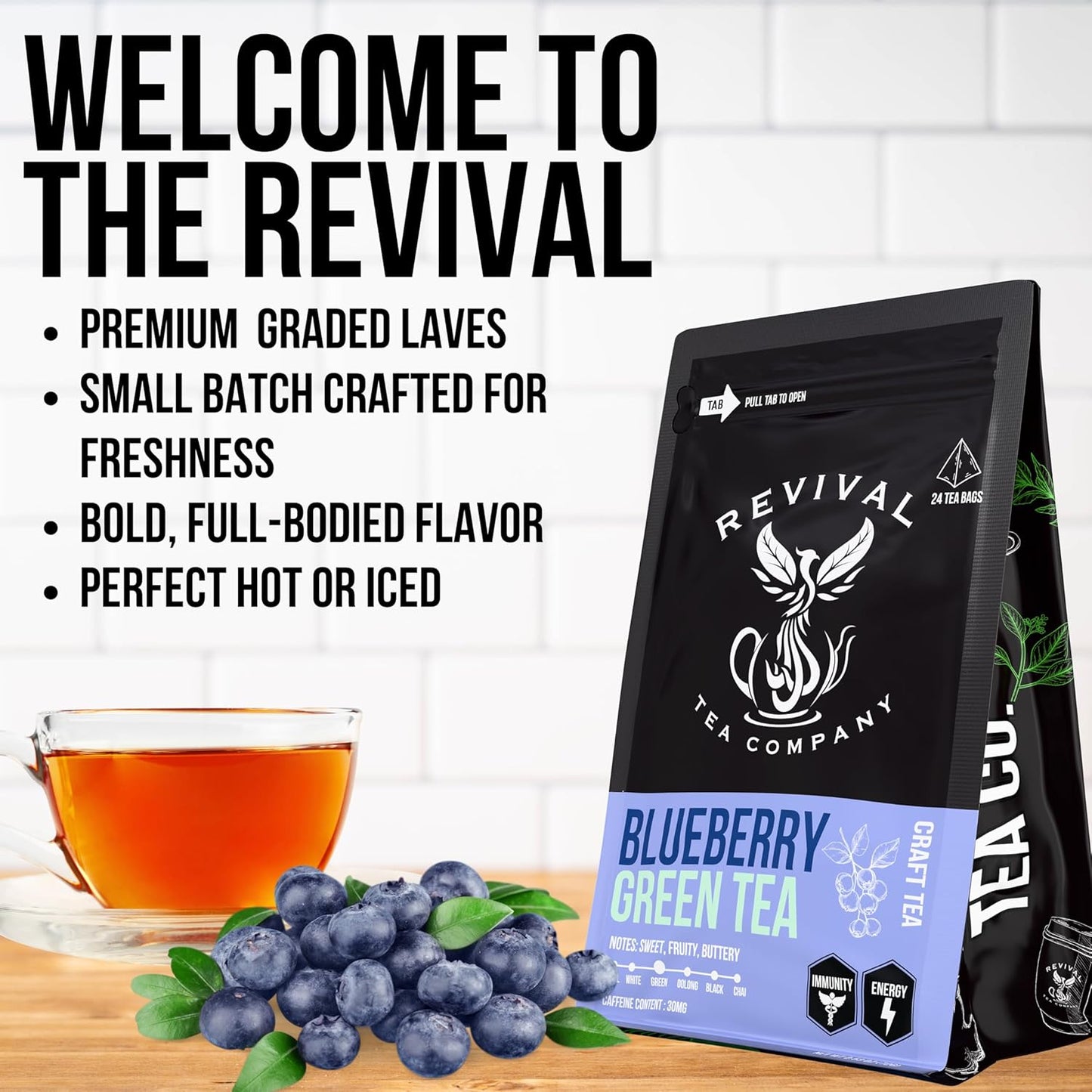 Revival Tea Company Blueberry Green Tea - Green Tea Blend with Natural Blueberry Flavor - Loose Leaf 6 Ounces