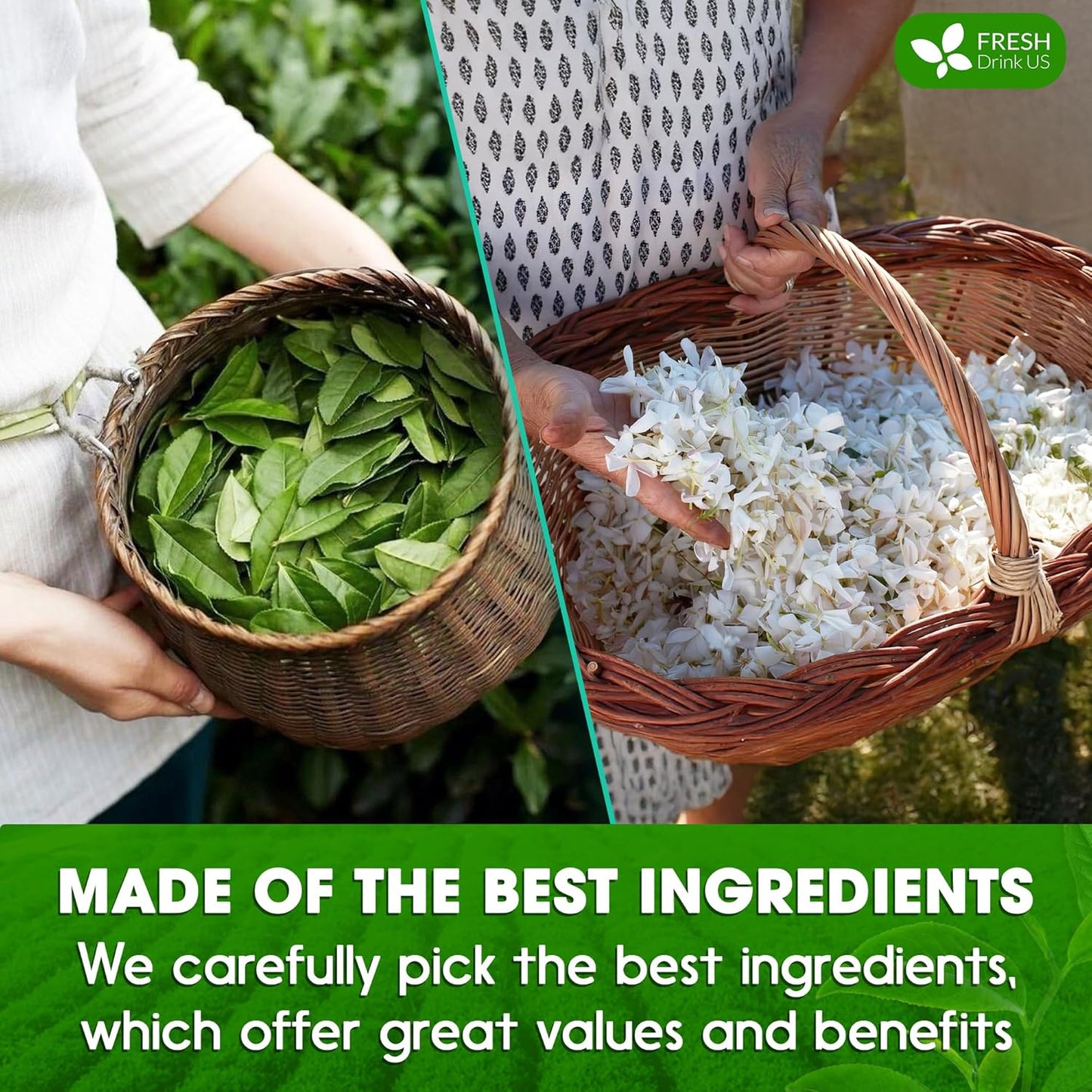 FreshDrinkUS, Premium 20 Tea Bags of Jasmine Green Tea, 100% Natural. Exquisite Flavor, Handpicked Leaves, Perfect for Tea Lovers. No Sugar, No Gluten, Vegan.