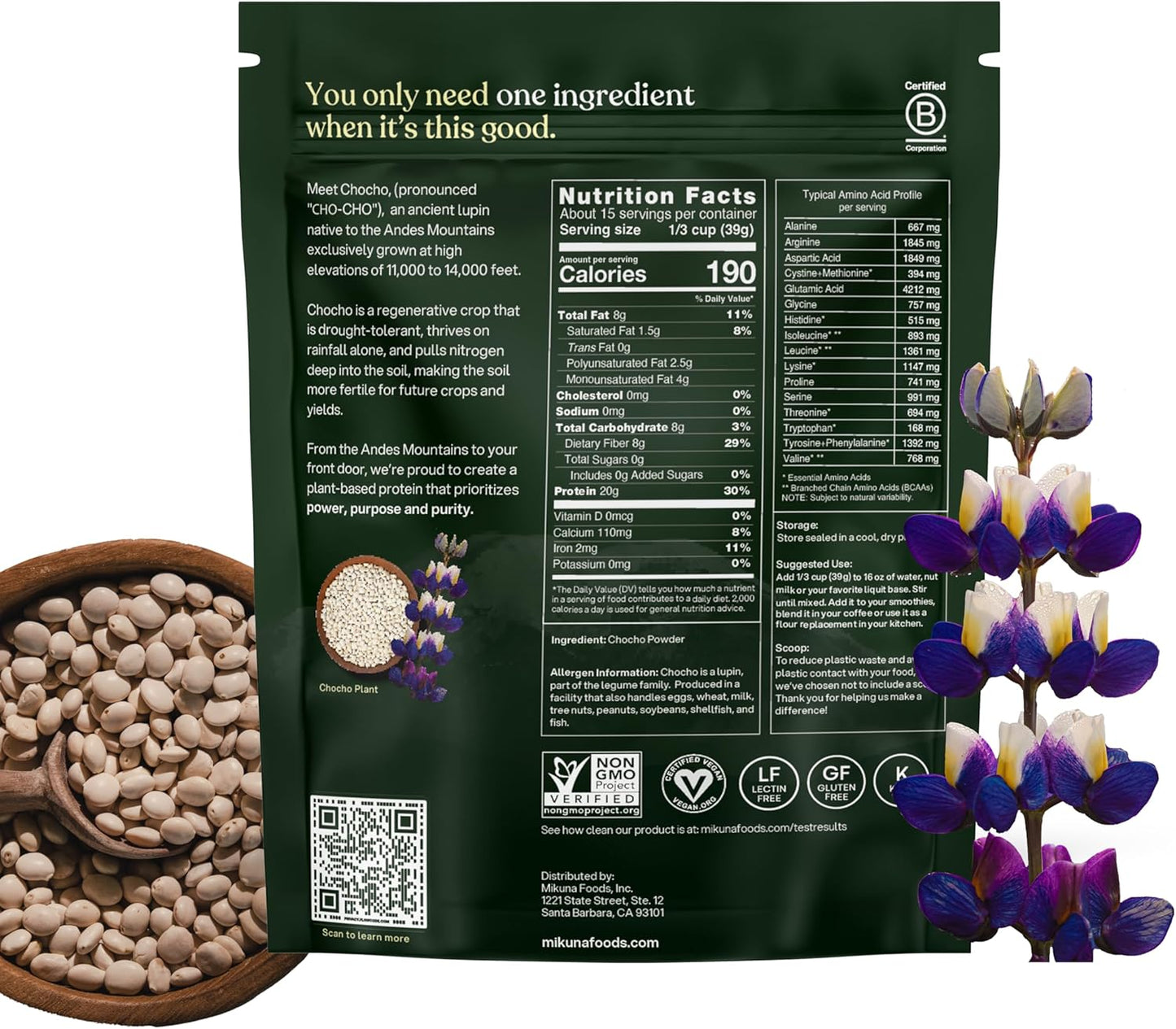 Mikuna Vegan Protein Powder (Pure Chocho, 21 Servings) - Plant Based Chocho Superfood Protein - Dairy Free Protein Powder Packed with Vitamins, Minerals & Fiber - Gluten, Keto & Lectin-Free