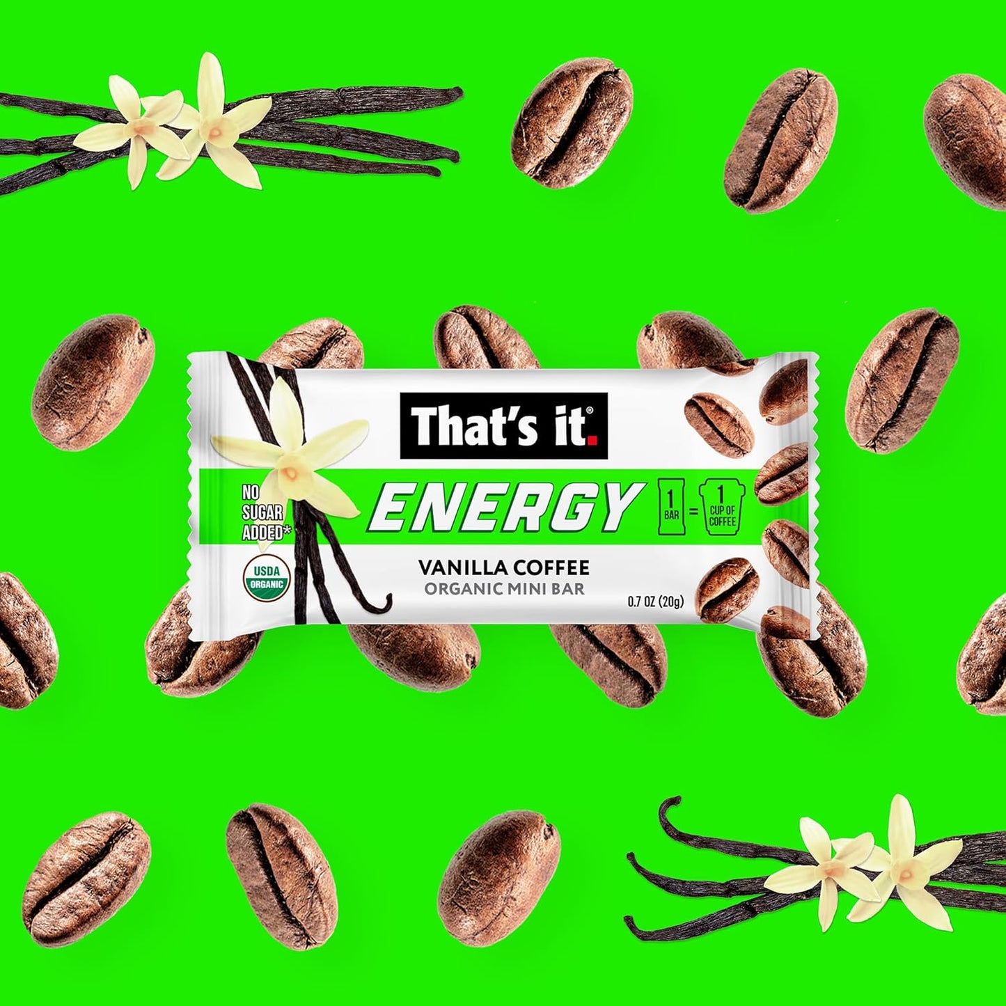 That’s it. Organic Energy Coffee Mini Bars - (1 Mini Bar = 1 Cup of Coffee) Grab and Go, No Added Sugars, Non-GMO, Caffeine Power Snack, Kosher, Allergy Friendly (Vanilla Coffee - 15 Count)