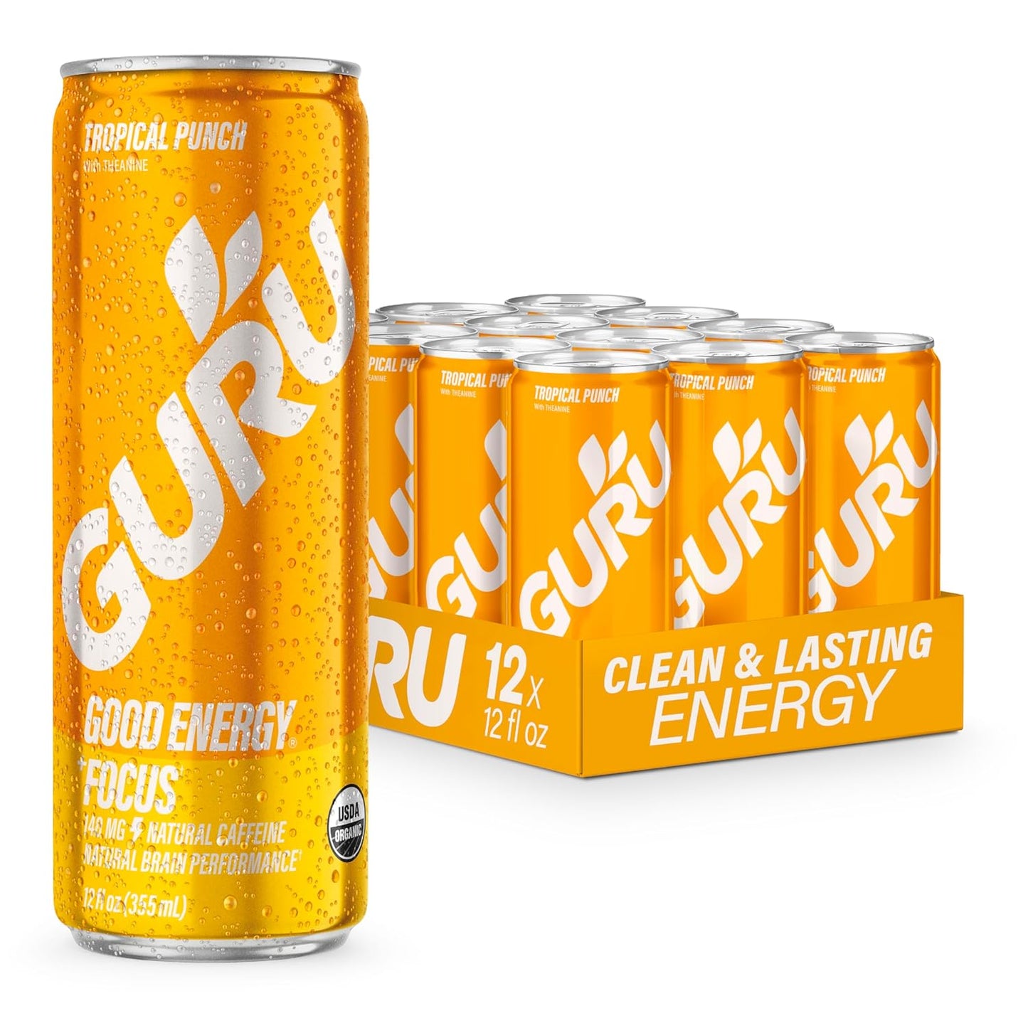 GURU Tropical Punch Organic Energy Drinks, Clean Energy Drink with Plant Based Natural Caffeine from Green Tea + Focus with L Theanine, Gluten Free, 140MG Caffeine, Healthy Drinks, 12oz (Pack of 12)
