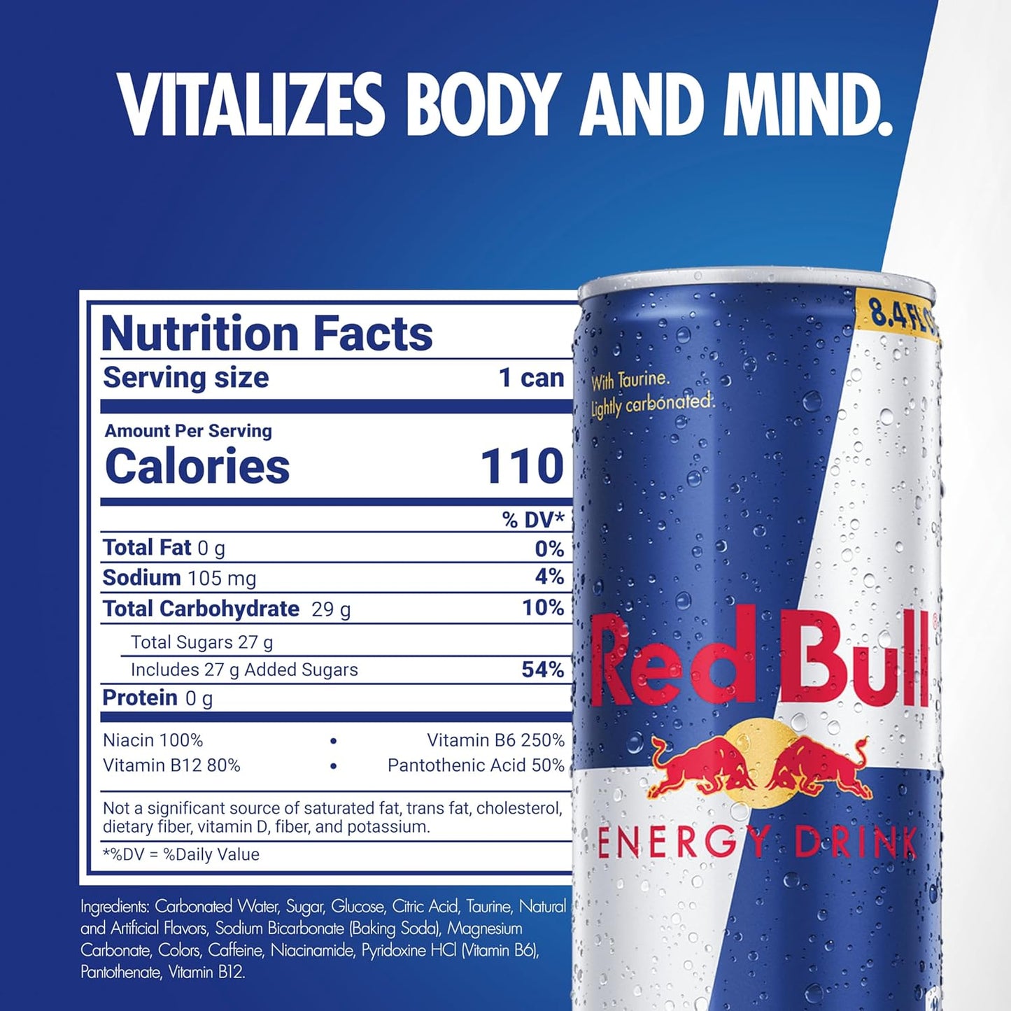 Red Bull Energy Drink with 80mg Caffeine plus Taurine & B Vitamins, 8.4 Fl Oz, Pack of 24 Cans