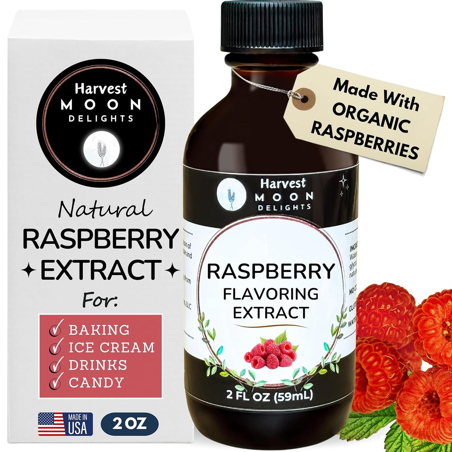 Natural Raspberry Extract - 2 oz - Water-Soluble - By Harvest Moon Delights - Raspberry Extract for Baking, Ice Cream, Drinks, and Candy - Flavoring - Sugar Free