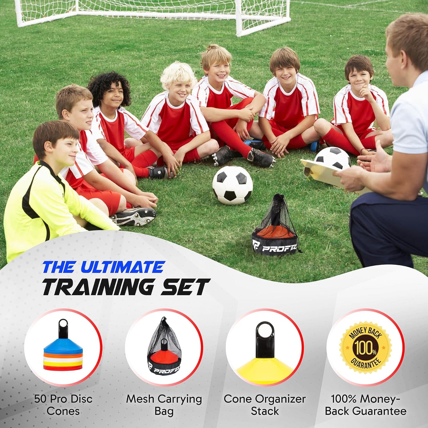 Pro Disc Cones (Set of 50) - Agility Soccer Cones with Carry Bag and Holder for Sports Training, Football, Basketball, Coaching, Practice Equipment, Kids - Includes 15 Best Cone Drills Book