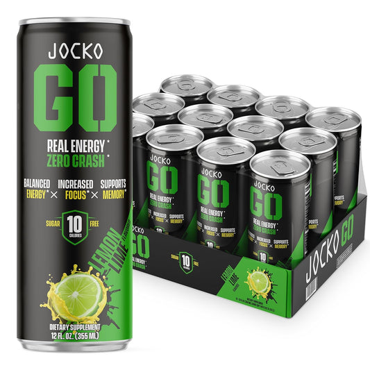 Jocko GO Energy Drink - Keto, Vitamin B12, Vitamin B6, Electrolytes, L Theanine, Magnesium- Energy Boost, Sugar Free Nootropic Monk Fruit Blend - 12 Pack (Lemon Lime)