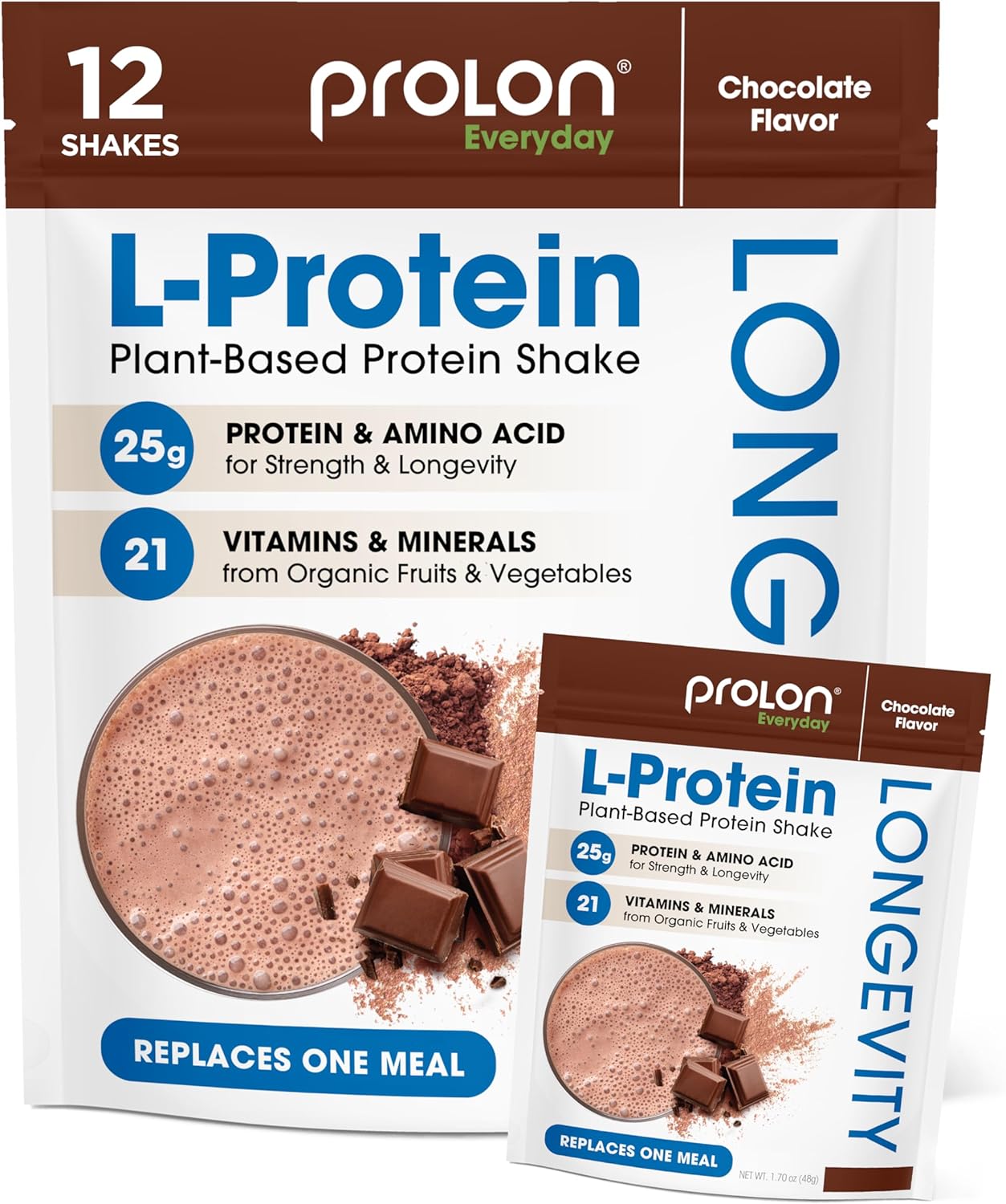 Prolon Longevity Plant Based Protein Powder | Muscle Synthesis & Repair, Healthy Aging, Boost Performance | Vitamins, Gluten Free, Amino Acids, Antioxidants | 25g of Protein | Chocolate, 12 Packets