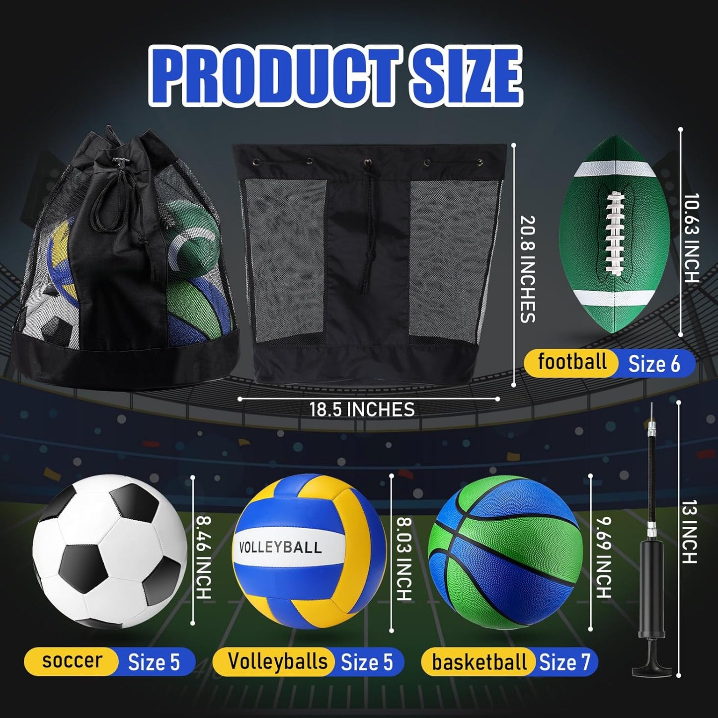 8 Pcs Sports Balls Set Include Basketball Football Soccer Volleyball with 2 Sport Equipment Bags 2 Pumps for Teens Youth Adult Outdoor Operation Christmas Ball Gifts