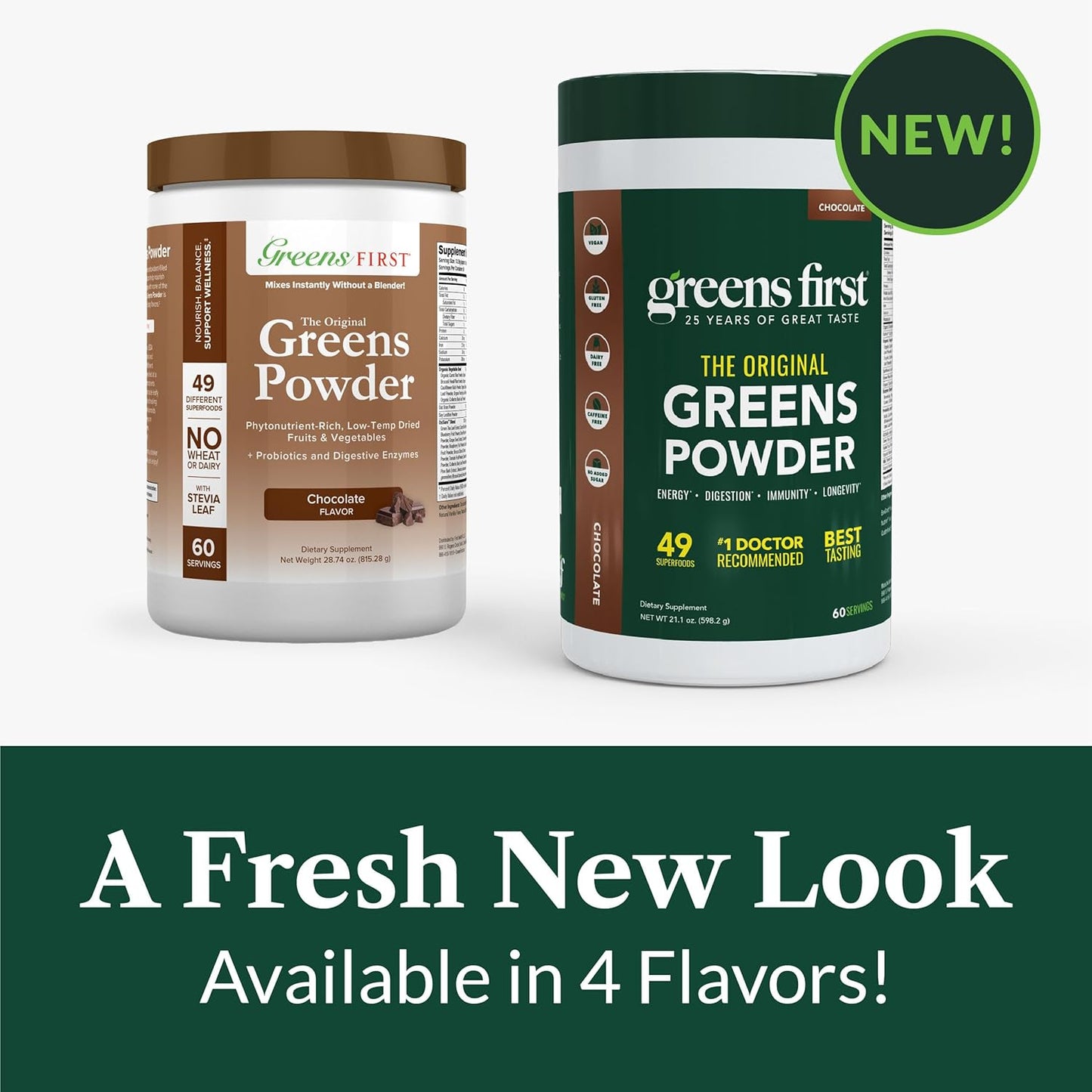 Greens First Original Greens Powder - 49 Superfoods - Organic Fruits & Veggies - Prebiotics, Probiotics, Digestive Enzymes - Antioxidant Smoothie - Dairy Free, Vegan, Non-GMO (Chocolate, 60 Servings)