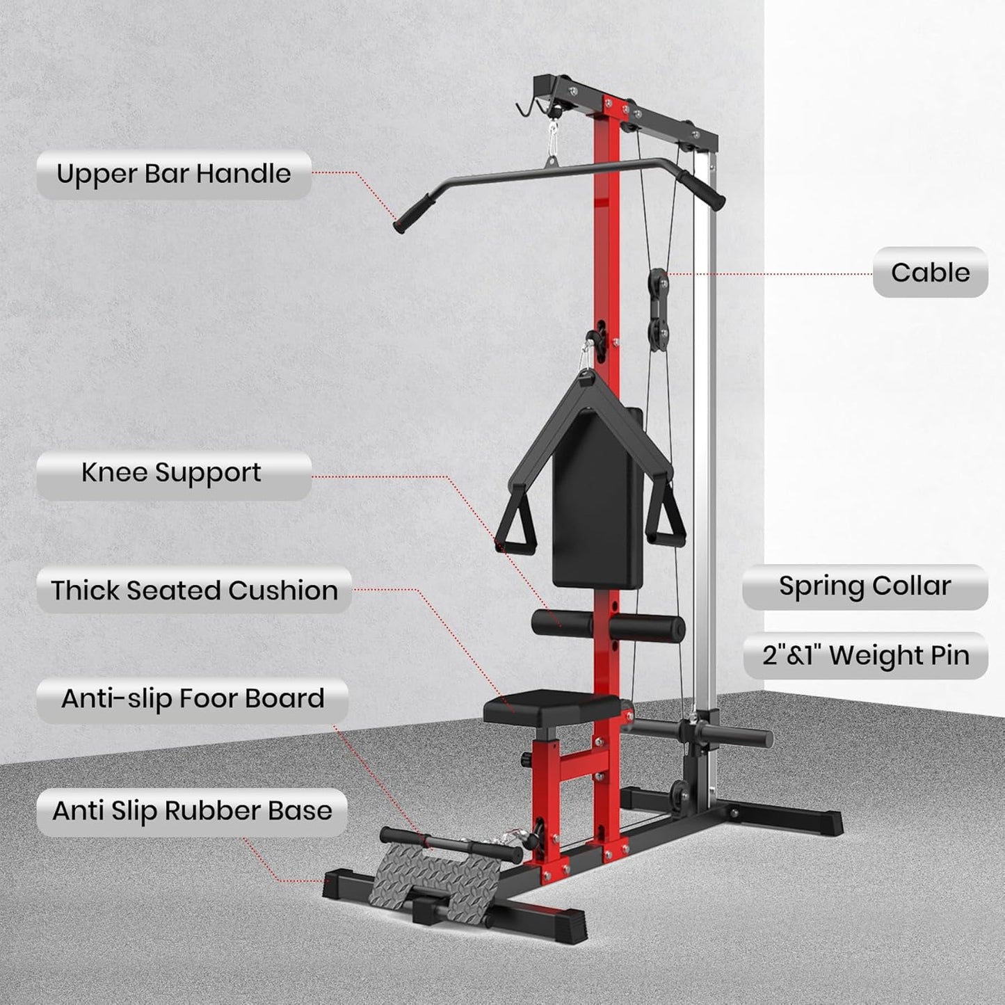 LAT Pulldown Machine, Multi-Functional Cable Machine with High and Low Pulley Station, Row Cable Machine Home Gym with Leg Support, Tricep Workout Equipment