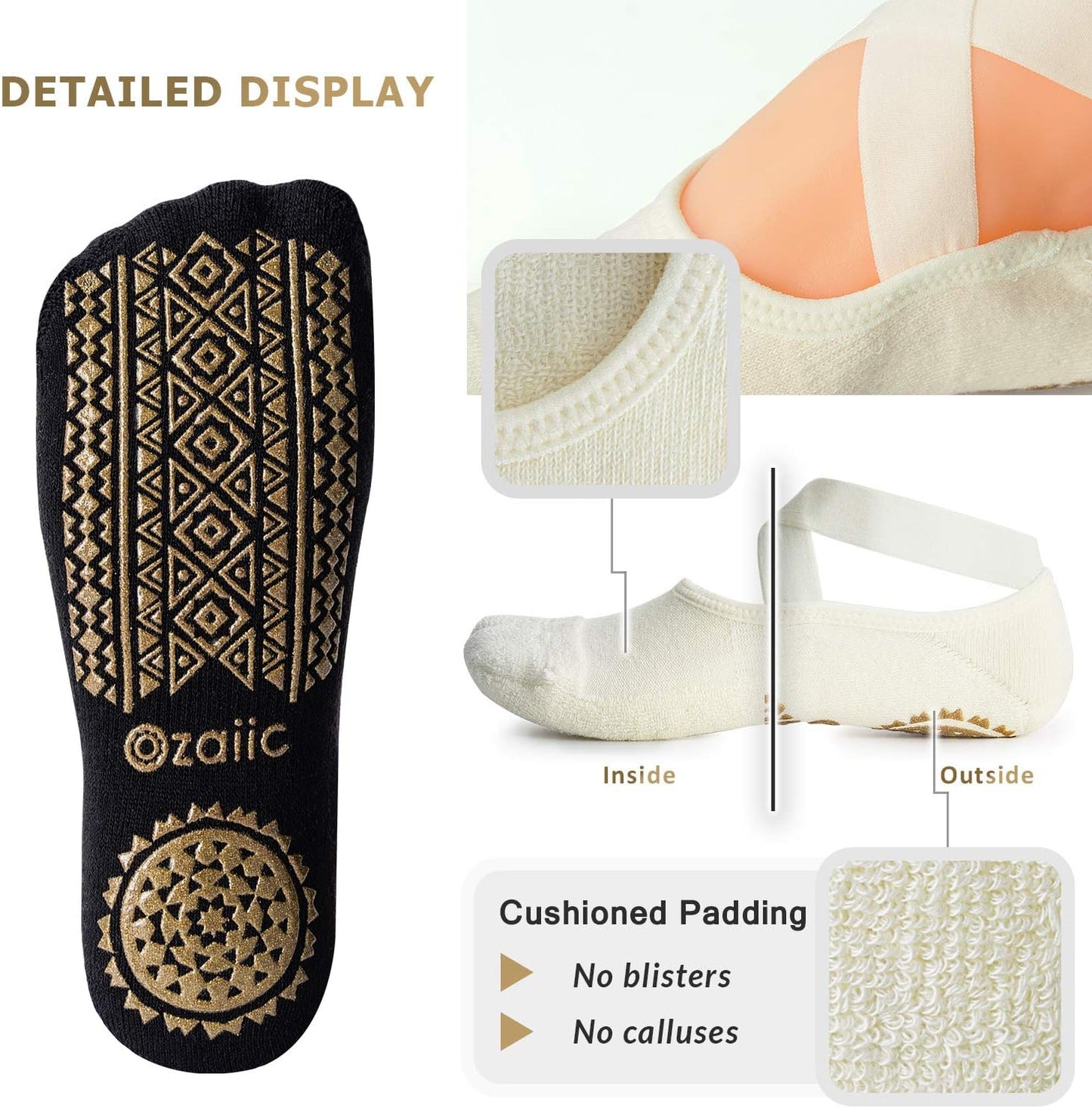 Ozaiic Yoga Socks for Women Non-Slip Grips & Straps, Ideal for Pilates, Pure Barre, Ballet, Dance, Barefoot Workout
