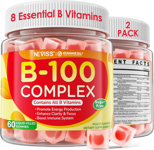 2 Pack Vitamin B Complex Gummies for Women & Men, All B Vitamins - Methyl B12, MTHF Folate, B1, B2, B3, B5, B6, Biotin w/ Vitamin C, Choline, Inositol, PABA for Energy, Brain & Immunity, Sugar Free