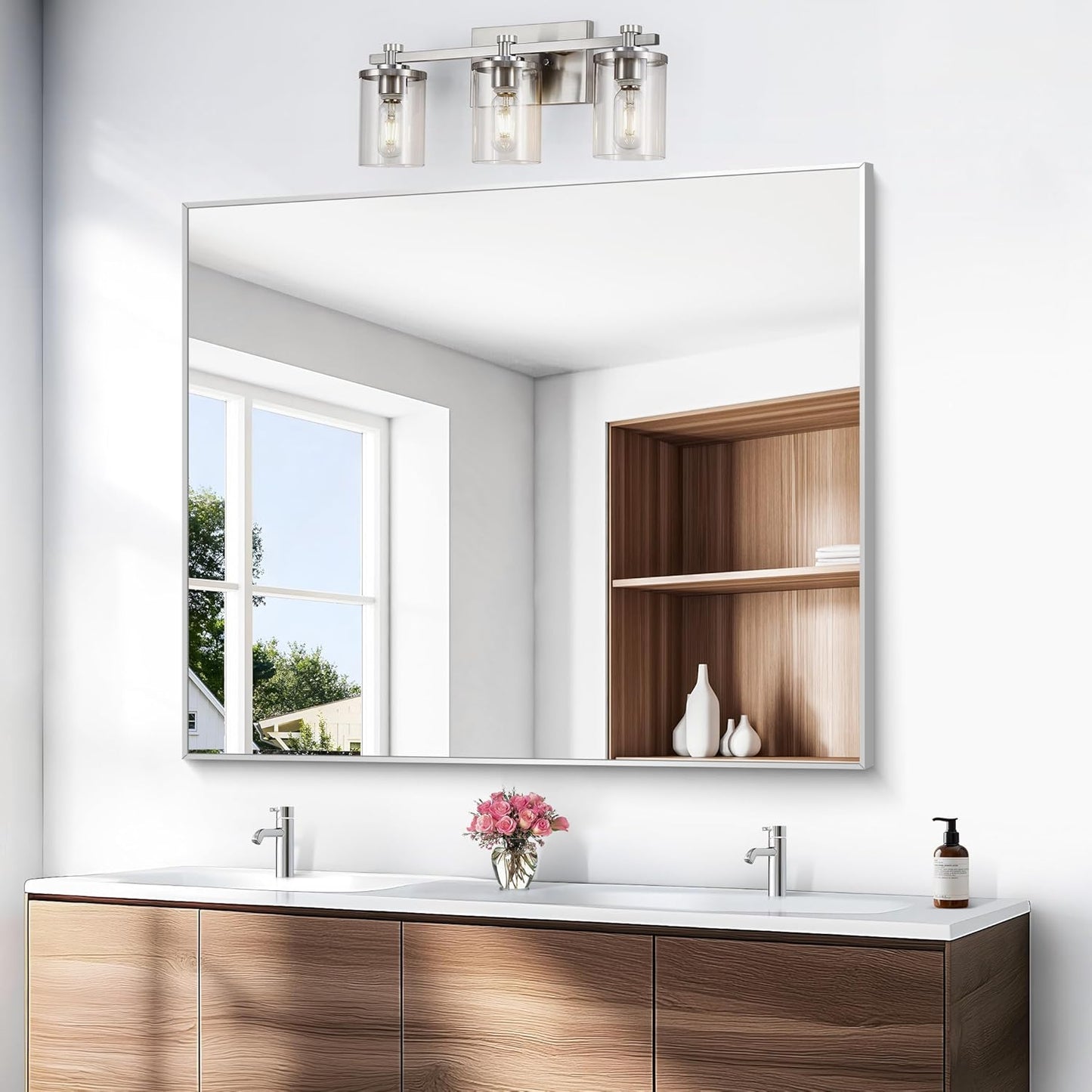 Silver Bathroom Mirror,40x48 inch Wall Mirror for Bathroom Wall Mounted,Large Rectangle Mirror for Bathroom Over Sink,Modern Metal Frame for Living Room,Bedroom Entryway,Horizontal/Vertical