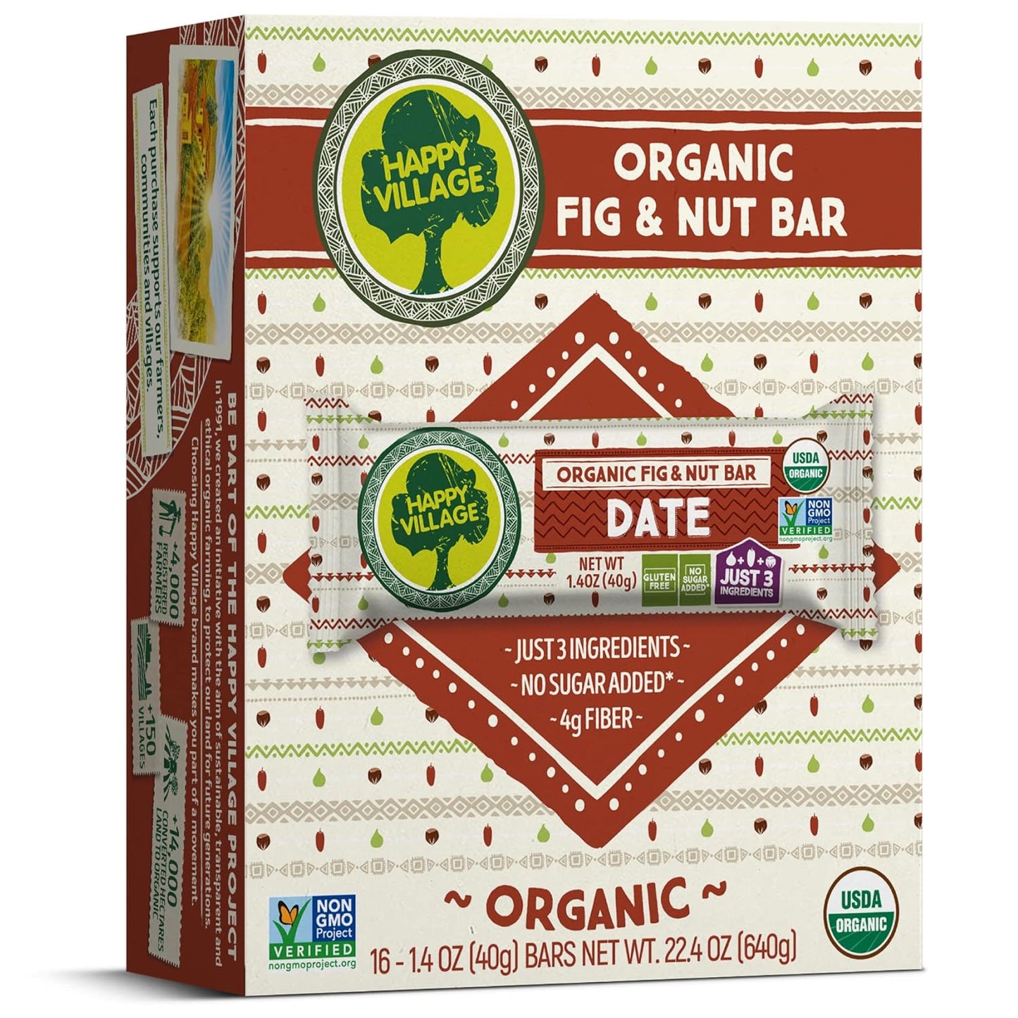 Happy Village Organic Fig & Nut Bars, DATE | Only 3 Ingredients, Gluten Free, No Added Sugar, Kosher, Non-GMO, Vegan, Good Source of Fiber | Organic Healthy Snack Bars (16 bars, 1.4 OZ each)