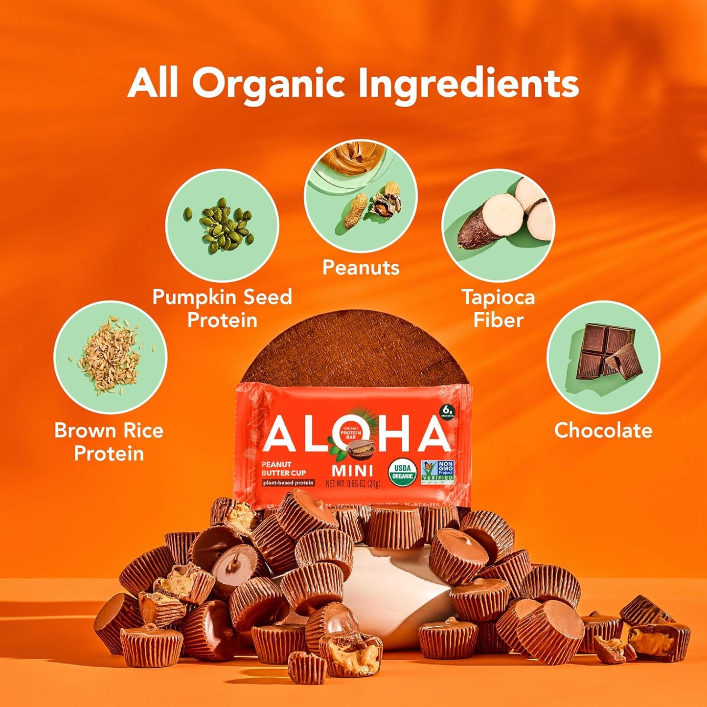 ALOHA Organic Plant Based Protein Bar MINIS |Peanut Butter Cup | 20 Count, 24g Bars | Vegan, Low Sugar, Gluten Free, Low Carb, Non-GMO, Stevia Free, Soy Free, No Sugar Alcohols