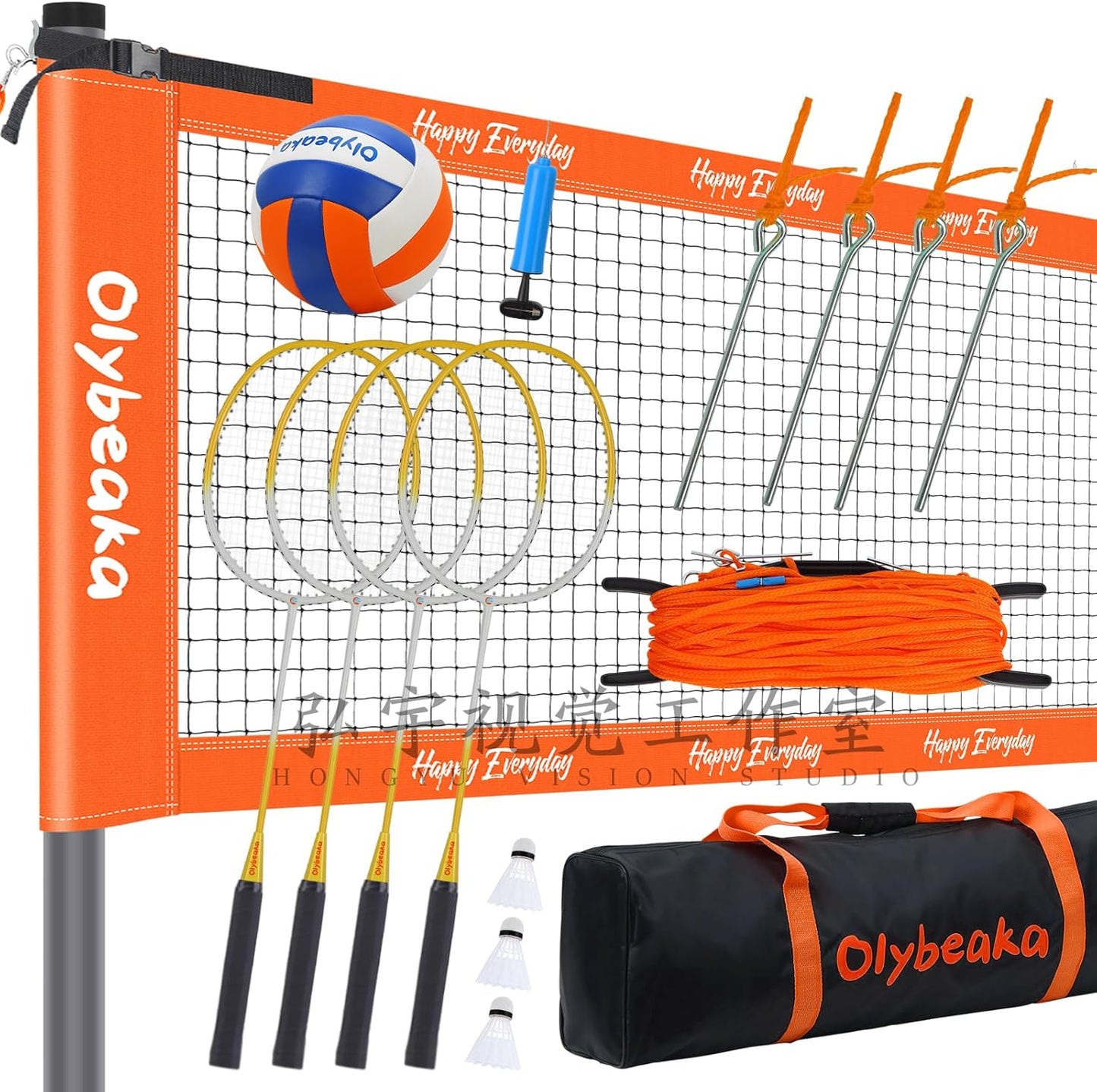Badminton & Volleyball Combo Set 32 ft with Net, Anti-Sagging Design, 4 Badminton Rackets, 3 Birdies and PU Volleyball for Backyard Lawn Beach