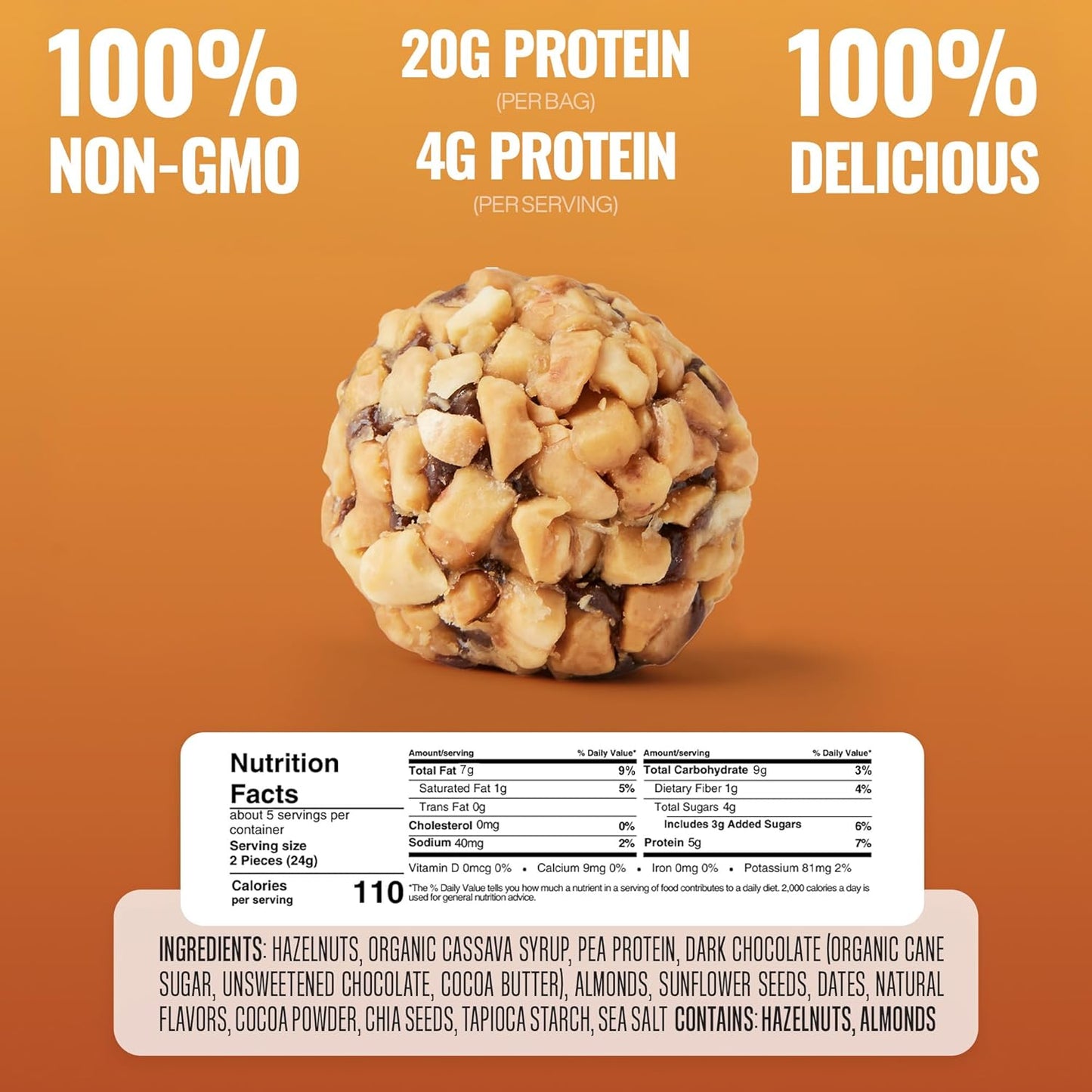 The GFB Dark Chocolate Hazelnut Protein Bites - Gluten Free, Plant Based, Non GMO, Sustainably Made – Ridiculously Tasty, Healthy, Vegan, Protein Energy Balls, 4 oz (6 Count)