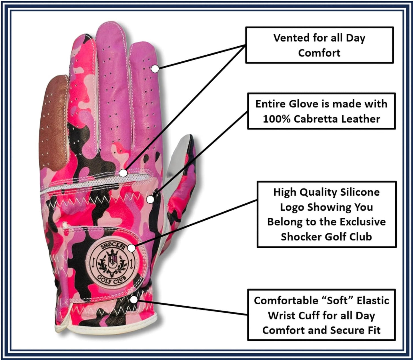 Shocker Camo Golf Glove Men's - Premium Cabretta100% Leather, Durable Grip, White and Camo, Adult Men's Golf Gloves, Funny Gag Gift, Left & Right Handed, Small to XXL Sizes