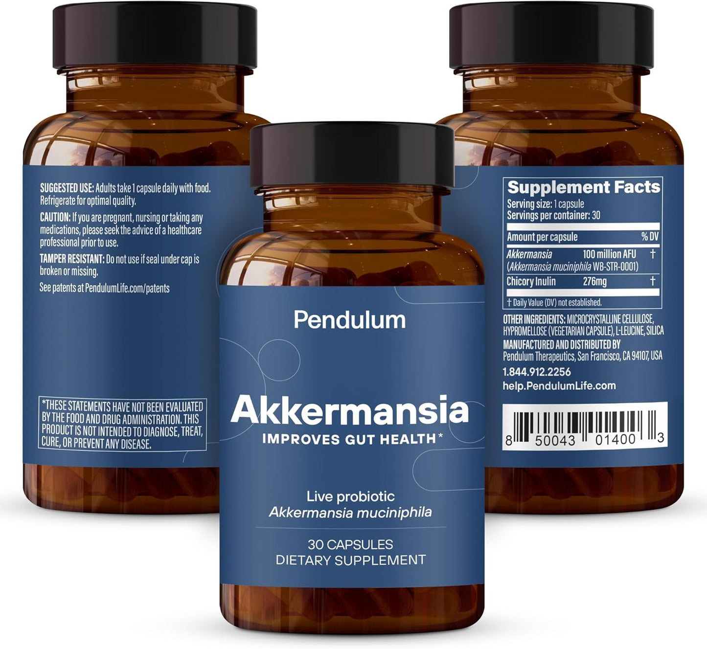 Pendulum Akkermansia Probiotic with Prebiotic Fiber - Increases GLP-1 Production, Delayed Release, Third-Party Tested, 100M AFU Live Strain for Gut Health for Men & Women (30 Capsules, 1-Pack)