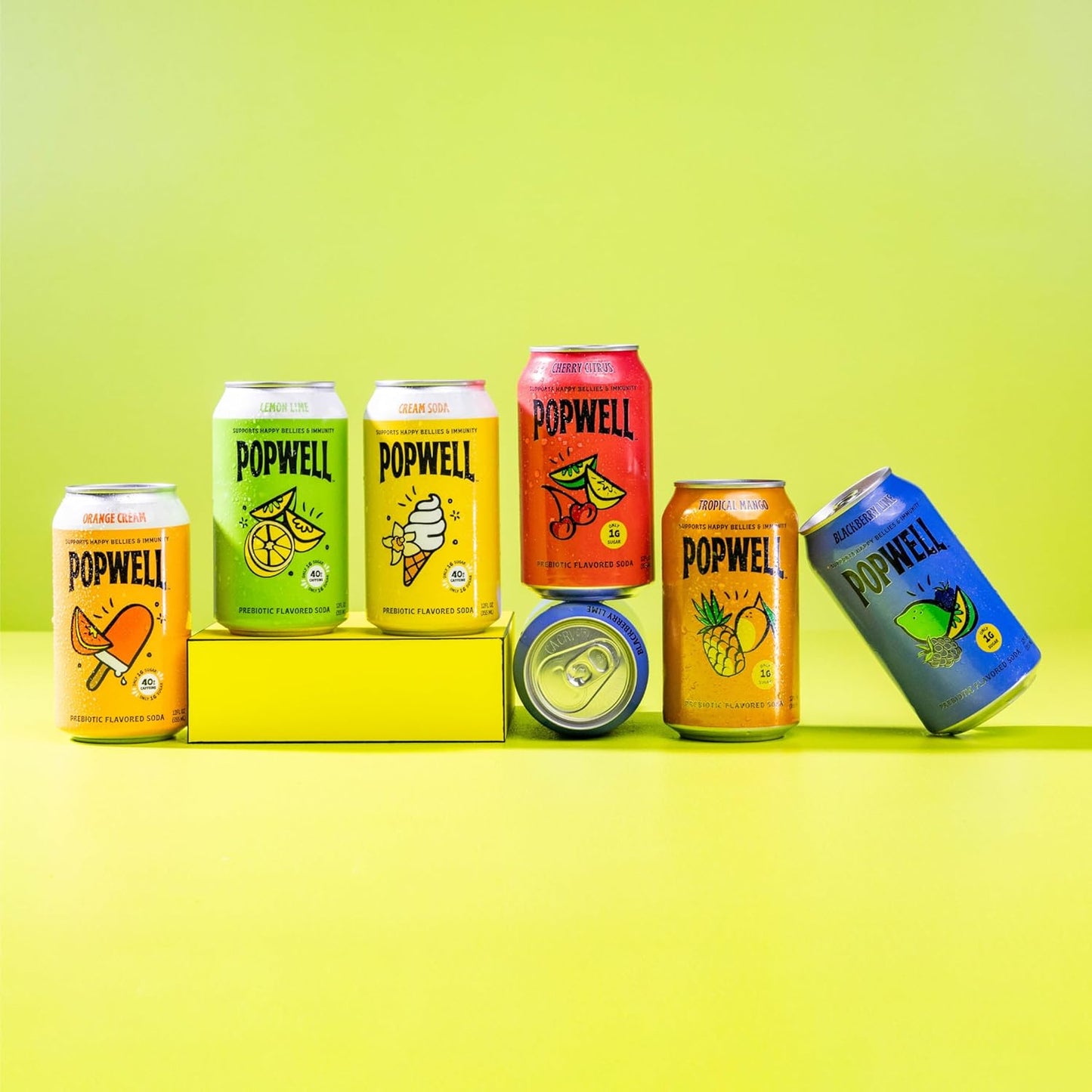 Popwell Tropical Mango Better-For-You Prebiotic Soda, with 6g Fiber, 1g Sugar, Vitamins and Immunity Support, 12 fl oz Cans (pack of 12)