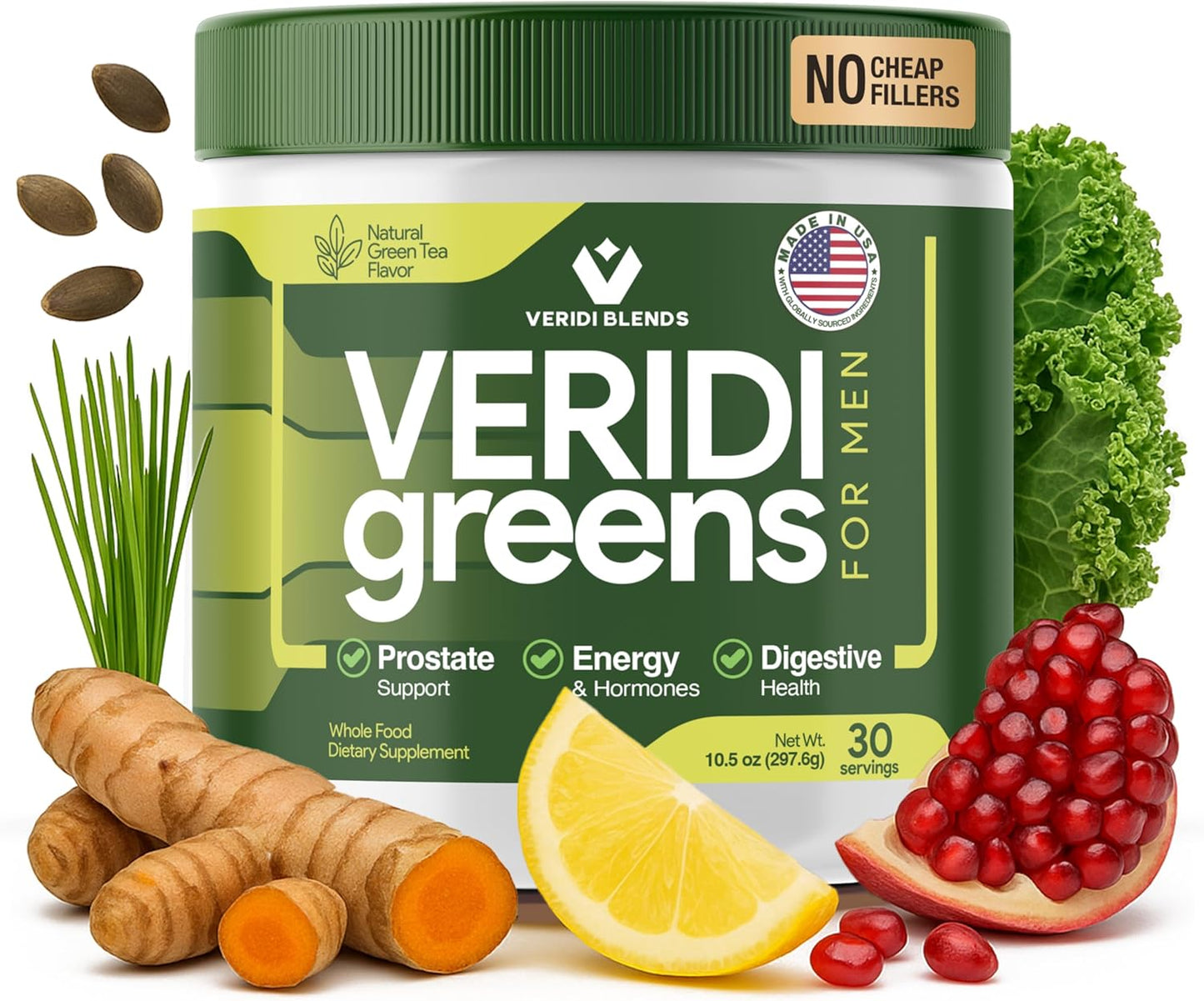 Veridi Greens for Men 40+ | Daily Superfood Greens Powder for Prostate Health, Hormone & Energy Support | Premium USA Blend with Spirulina, Saw Palmetto, Zinc & Enzymes