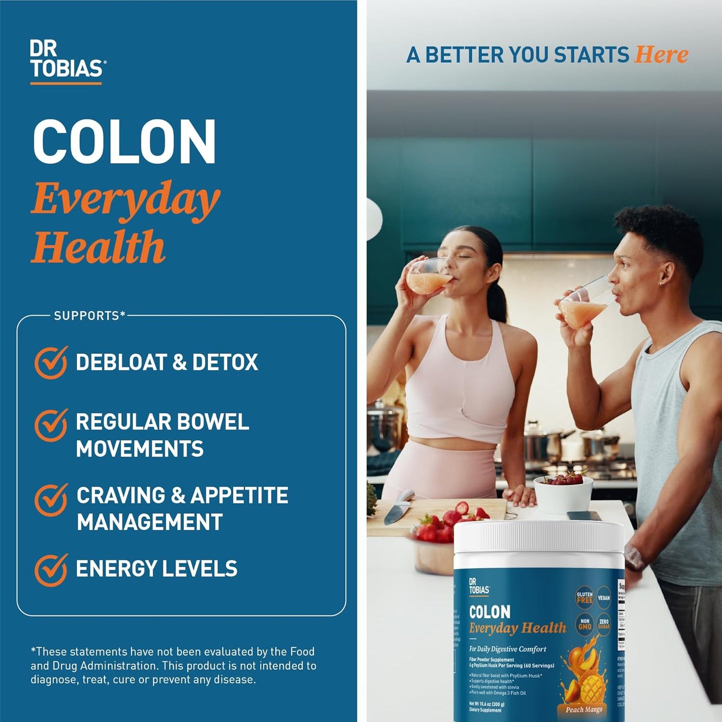 Dr. Tobias Colon Everyday Health - Gut Health for Women & Men - Psyllium Fiber Powder Drink with 4g Psyllium Husk Powder per Serving, Vegan, Gluten Free, Non-GMO, Peach Mango, 60 Servings