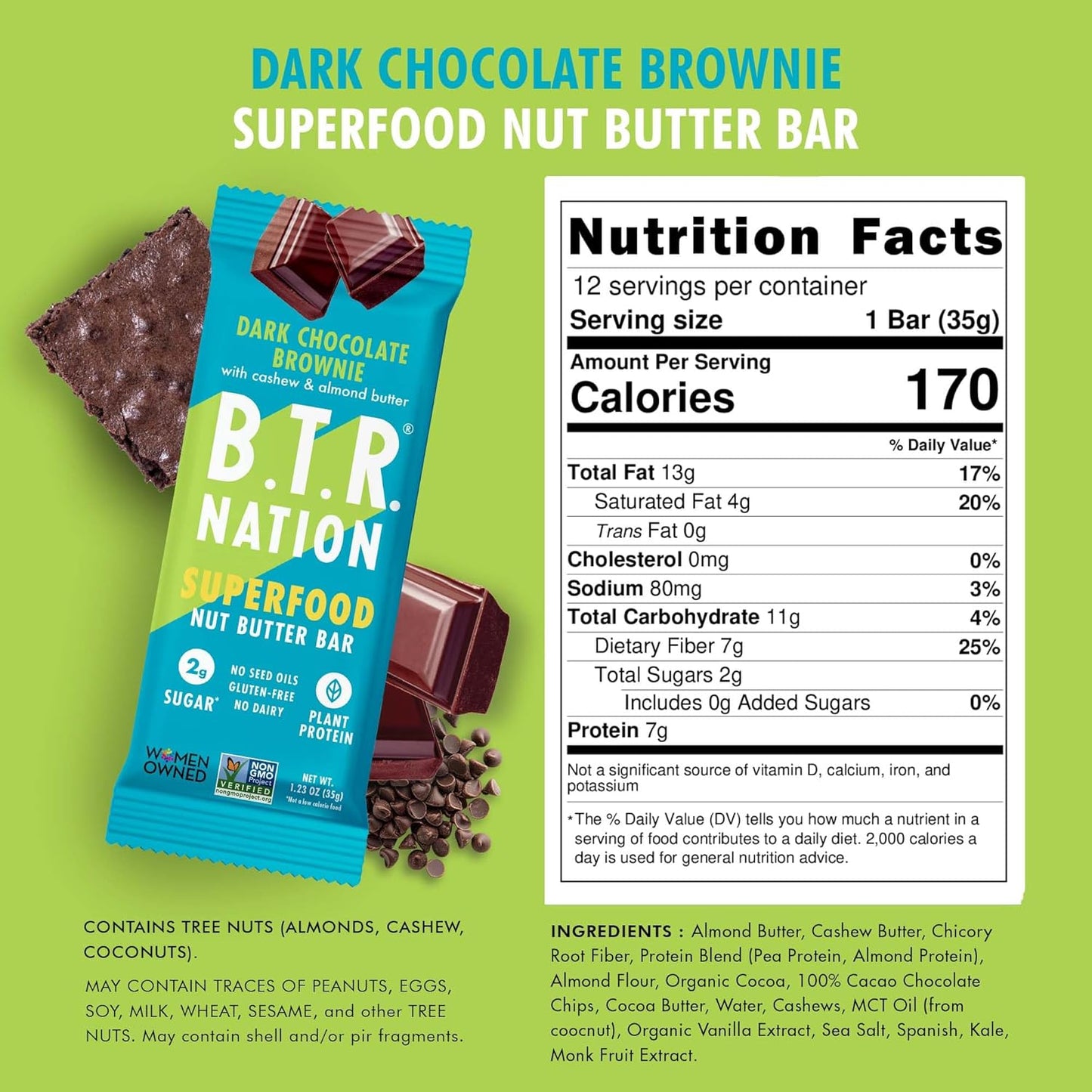 B.T.R Nation Keto Superfood Protein Bars, Plant Based Vegan - Brownie RECHARGE | 12 Bars | Low Carb and Gluten Free, Free of Sugar Alcohols and Boosted with Powerful Superfoods