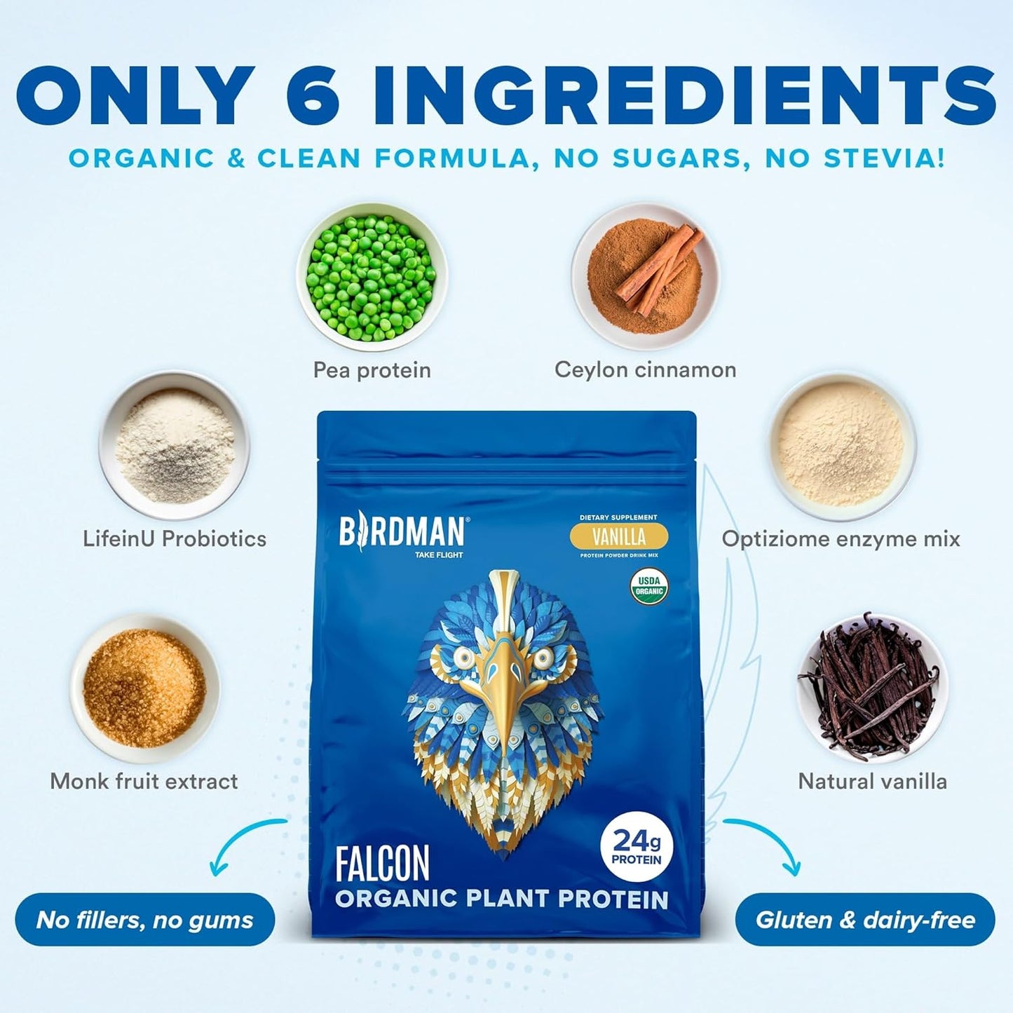 Falcon Vegan Protein Powder Organic, Stevia & Sugar Free, Plant Based Protein, Low Carb, Dairy Free, Keto, Non Whey Protein, Probiotic, Pea Protein | Vanilla Flavor - 60 Servings - 3.9 lb