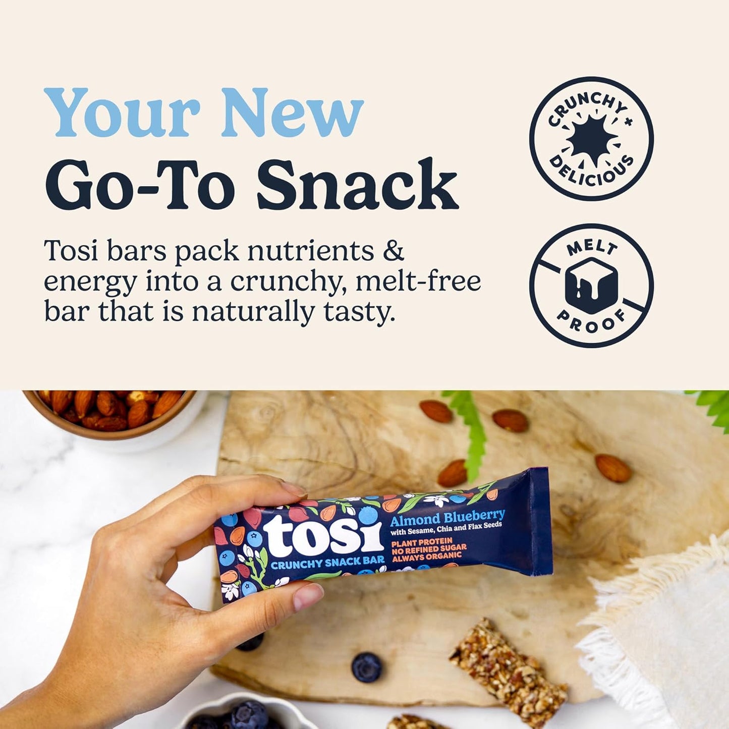 Tosi Almond Blueberry Protein Bars, Plant Based with Nuts, Gluten-Free Crunchy Snacks, Vegan, Organic, Flax & Chia Seeds, Soy-Free, Omega 3s, 5G Protein, 1 oz, 12-Pack