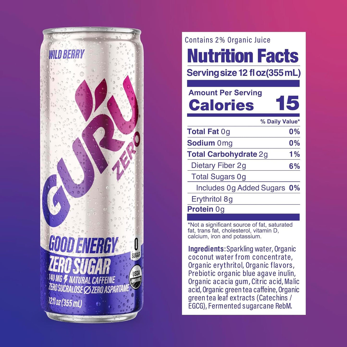 GURU ZERO SUGAR Wild Berry Organic Energy Drink with Plant Based Natural Caffeine from Green Tea, Coconut Water, Prebiotic, Zero Added Sugars, Gluten Free & Vegan, Pre Workout, 140MG Caffeine, 12 Oz (Pack of 24)