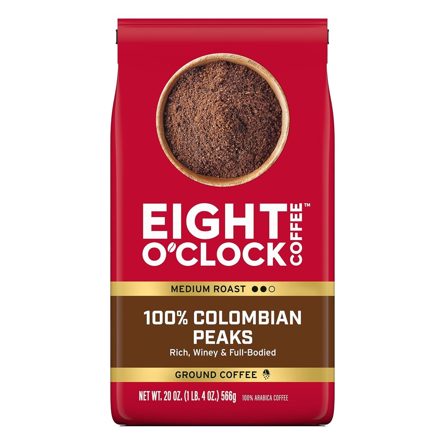 Eight O'Clock Coffee 100% Colombian Peaks Ground Coffee, Medium Roast, 20 Ounce (Pack of 1) - Rich, Winey & Full Bodied
