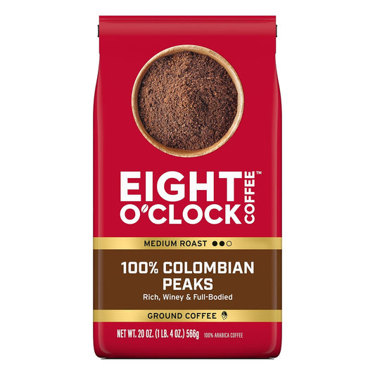 Eight O'Clock Coffee 100% Colombian Peaks Ground Coffee, Medium Roast, 20 Ounce (Pack of 1) - Rich, Winey & Full Bodied