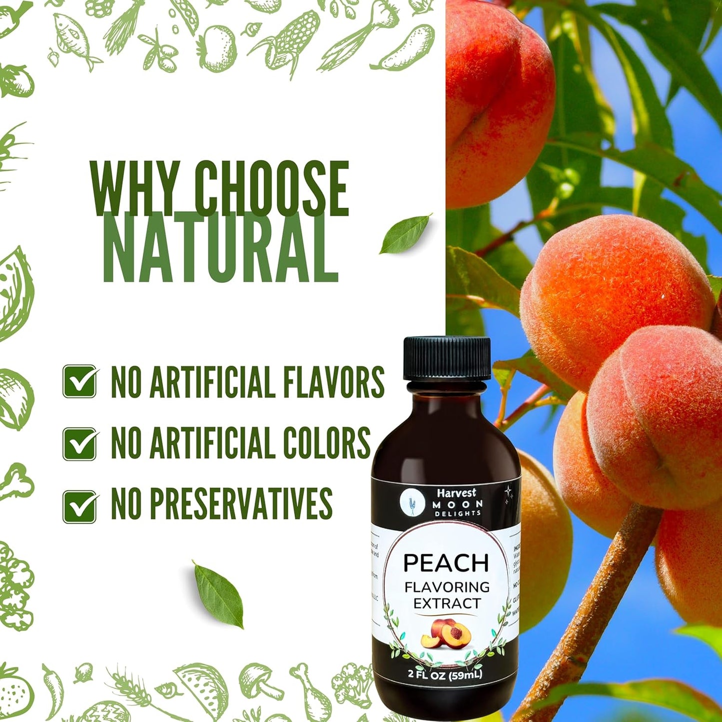 Natural Peach Extract - 2 oz - Water-Soluble - By Harvest Moon Delights - Peach Extract for Baking, Ice Cream, Drinks, and Candy - Sugar Free