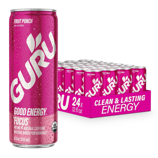 GURU Fruit Punch Organic Energy Drinks, Clean Energy Drink with Plant Based Natural Caffeine from Green Tea + Focus with L Theanine, Gluten Free and Vegan, 140MG Caffeine, 12oz (Pack of 24)