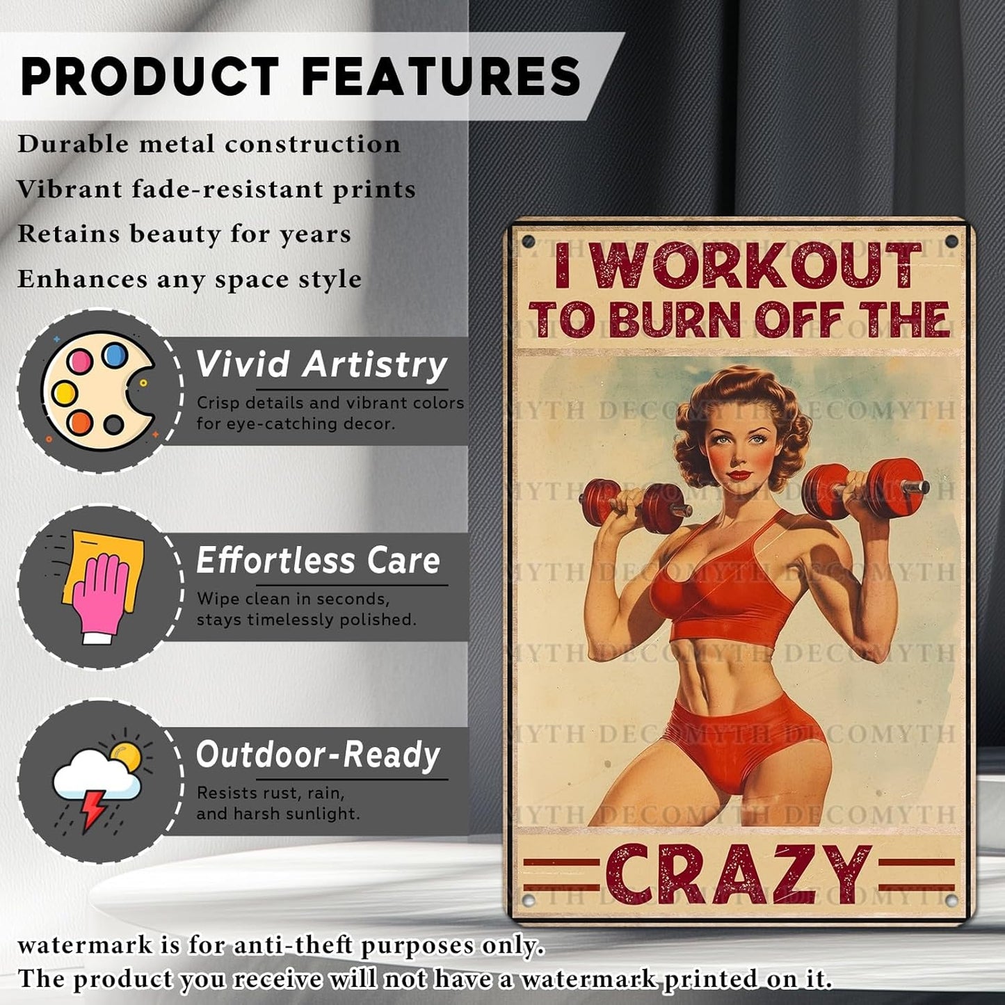 Vintage Girl Gym Tin Sign I Workout to Burn off The Crazy Retro Fitness Wall Decor Nostalgic Art Funny Workout Room Inspirational Metal Poster Store Cafe Pubs Bedroom Bathroom 12 * 8inch