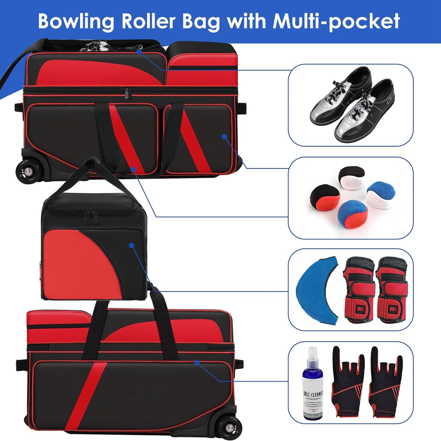 4 Ball Bowling Bag with Wheels, Bowling Bag 4 Ball Roller with Multi-pocket & Shoe Compartment & Retractable Handle, 3 Ball Roller Bag + 1 Ball Color Matching Add On Tote