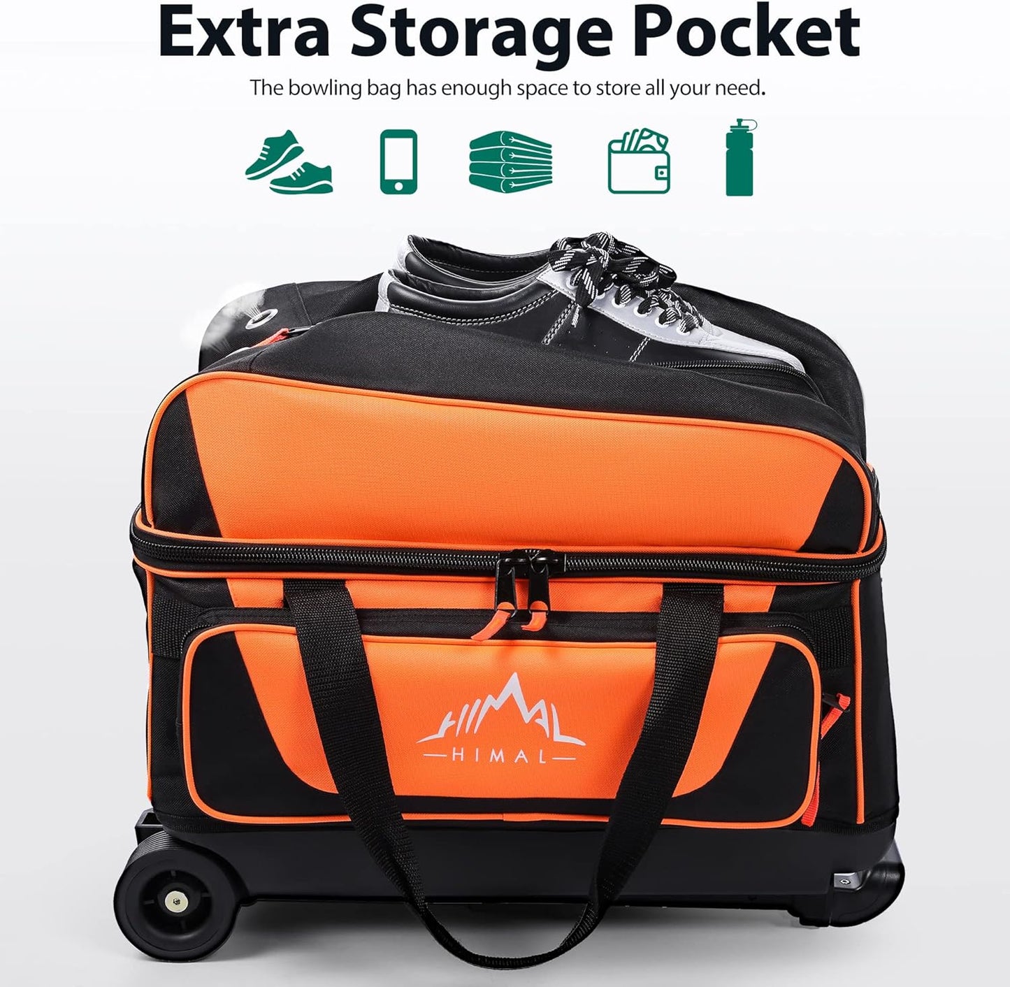 Double Roller 2 Ball Bowling Bag with Separate Shoe Compartment for Bowling Shoes (Up To US Mens Size 15) and Oversized Accessory Pocket, Retractable Handle - Extends to 40"