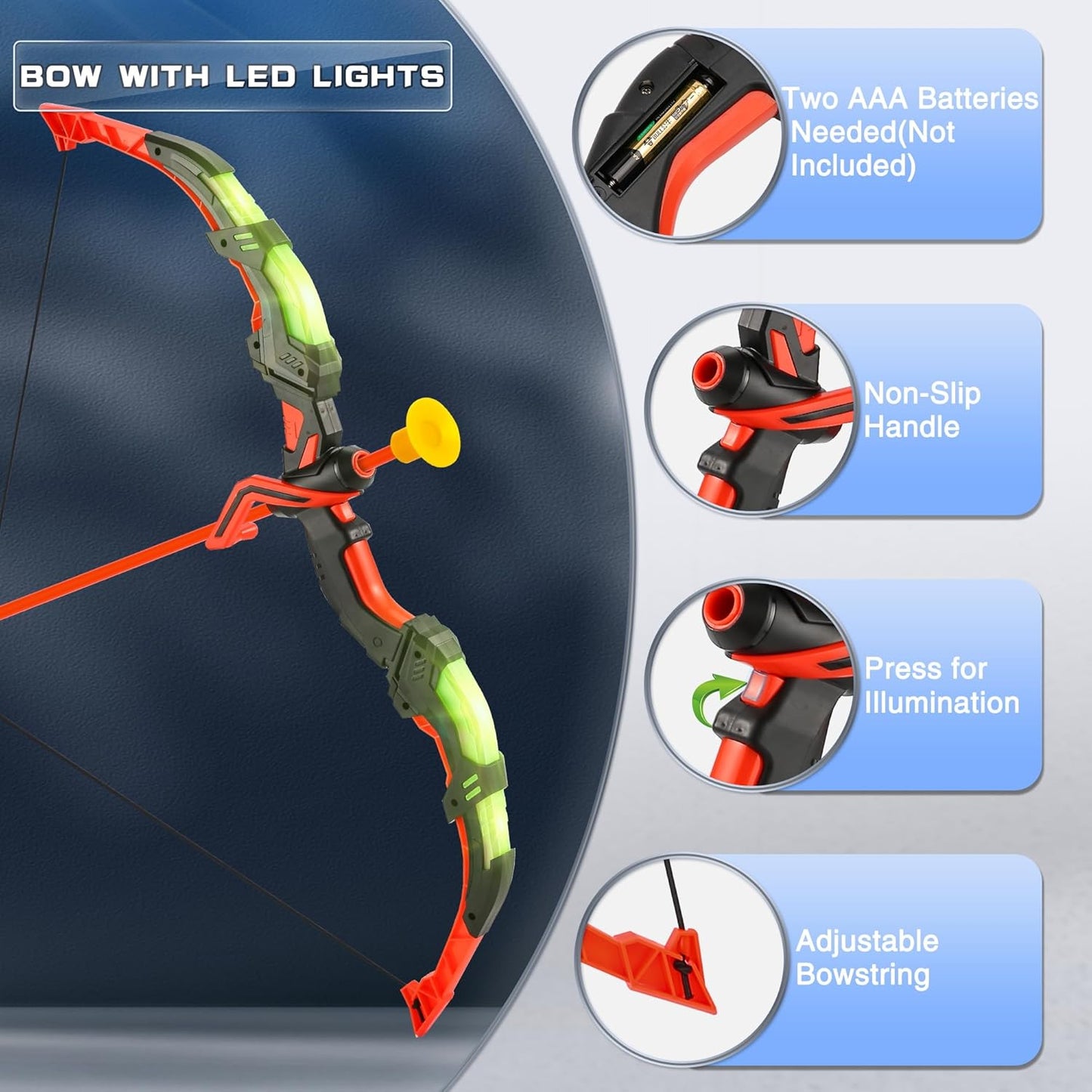 Archery Toy Set for Kids, LED Light Up Bow and Arrow Set with 10 Suction Cup Arrows, Standing Target & Quiver, Indoor Outdoor Games Stuff for Boys Girls Children Aged 3-12 Year Old