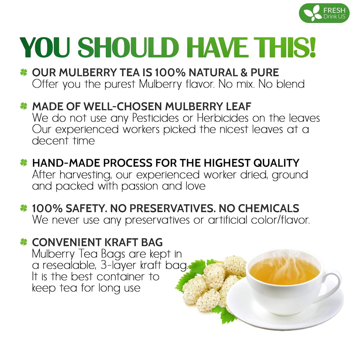 FreshDrinkUS Premium Mulberry Leaf Tea - 50 Bags, 100% Natural & Pure. Loose Leaf Herbal Tea. Natural Material Tea Bags. No Sugar, Caffeine, Gluten. Vegan.