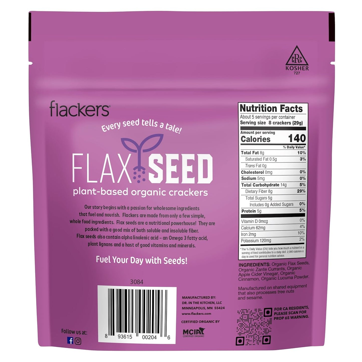 Flackers Organic Flax Seed Crackers Cinnamon & Currants, 5 Ounce 1 Pack, Gluten Free, Non GMO, Vegan, Naturally Sweet