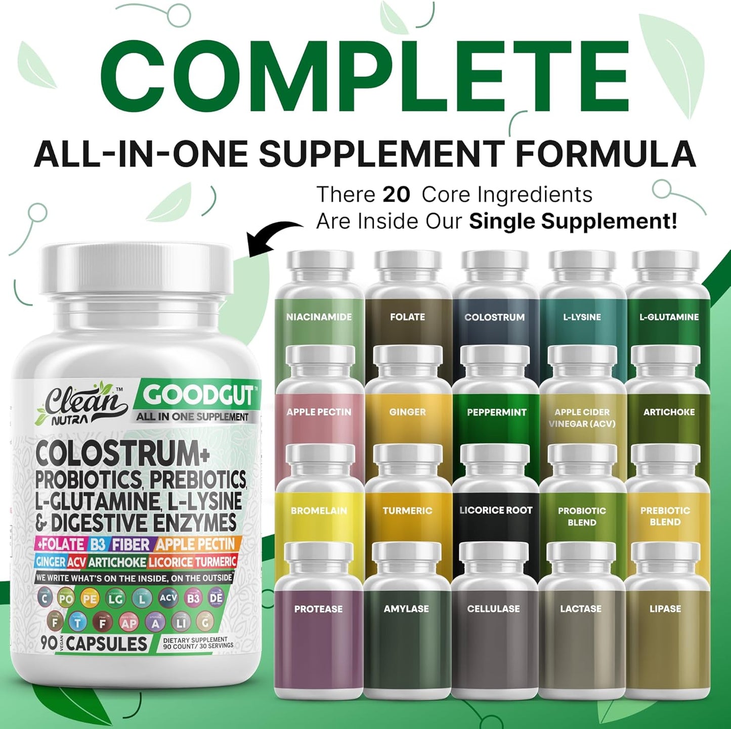 Clean Nutraceuticals Colostrum Supplement Capsules Probiotics Pills Prebiotics, L-Glutamine, Digestive Enzymes, Folate, Fiber, ACV, Turmeric, Apple Pectin and Turmeric Good Gut