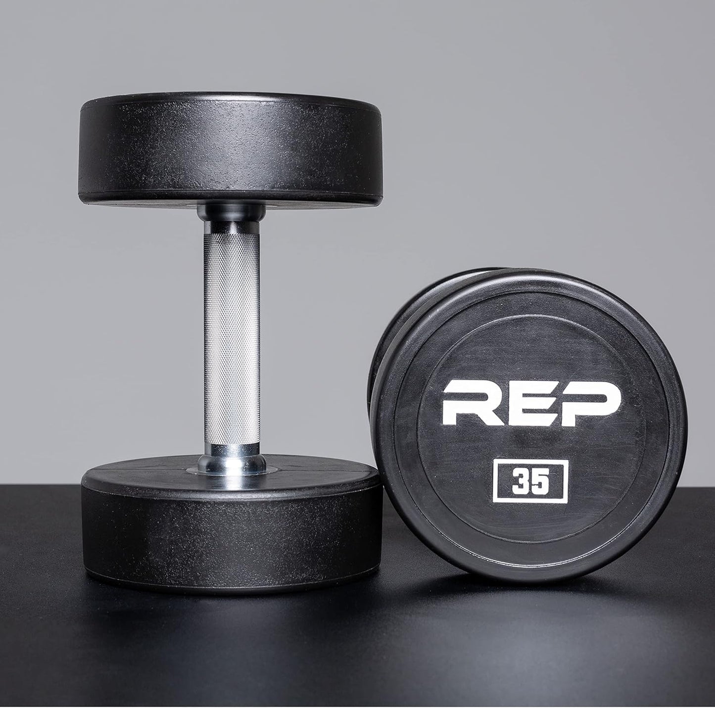 REP Fitness Urethane Coated Round Dumbbells, 5 to 100 lbs, Singles or Pairs, With or Without Rack, Steel Core, Rubber Encased, Chrome Handles, Professional Weights for Home Gym Strength Training