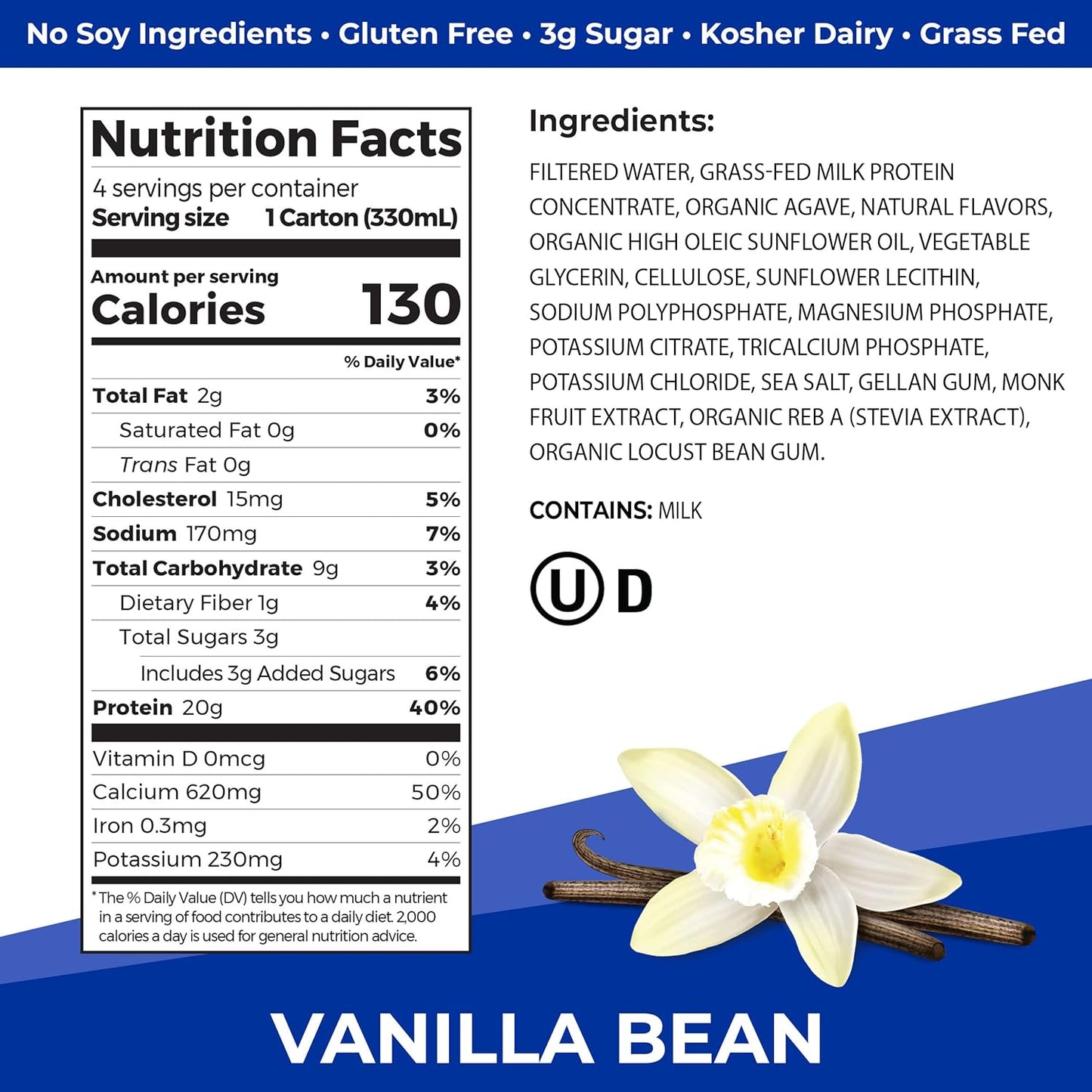 Orgain Clean Protein Shake, Grass Fed Dairy, Vanilla Bean - 20g Whey High Protein, Kosher, Ready to Drink, Low Net Carbs, Gluten Free, No Soy Ingredients, 11 Fl Oz (Pack of 4)