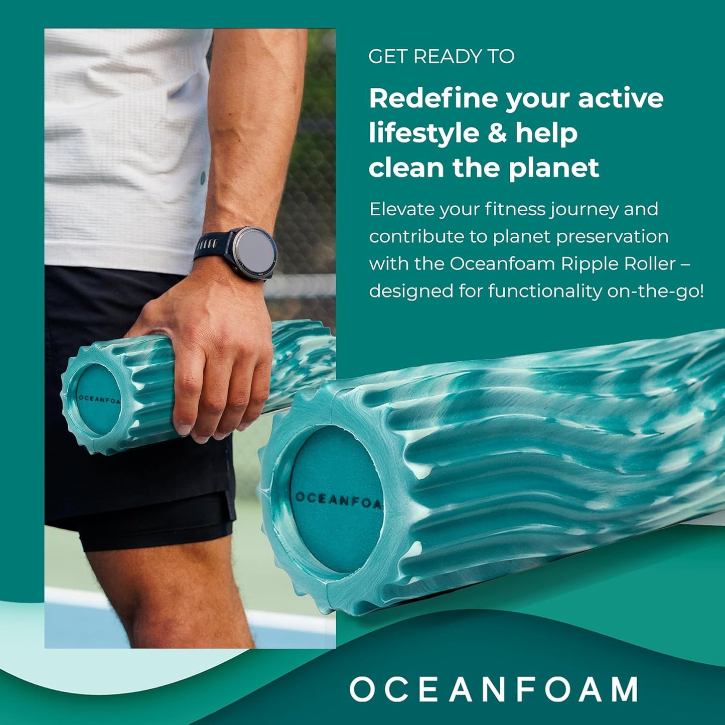 Oceanfoam Ripple Travel Foam Roller (11" x 3.35") Firm Mini Foam Roller for Physical Therapy, Deep Tissue Massage, Back Pain - High Density, Wave Textured - Yoga, Exercise (Jade & Seafoam Marbled)