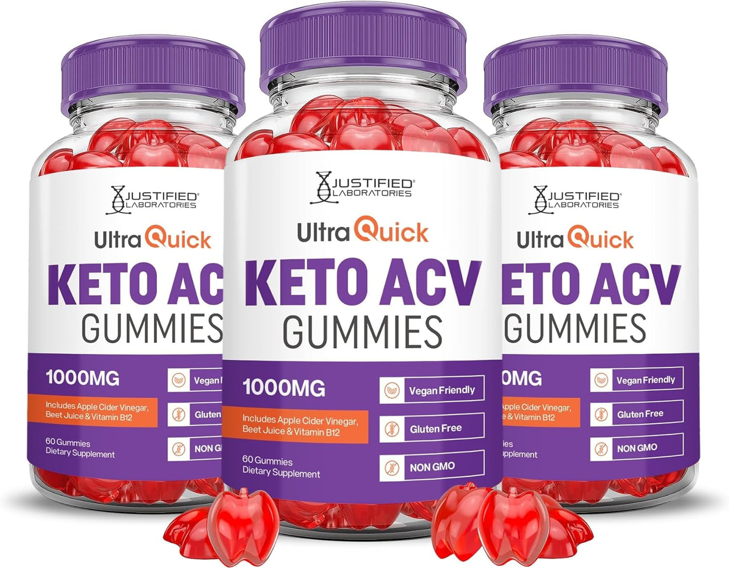 Justified Laboratories (3 Pack Ultra Quick Keto ACV Advanced Formula 1000MG Apple Cider Vinegar Formulated with Pomegranate Beet Juice Powder B12 Vegan Non GMO 180 Gummies