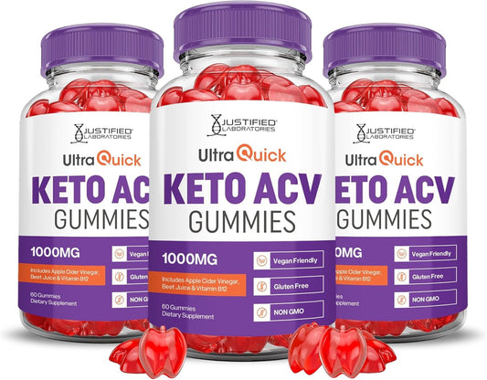 Justified Laboratories (3 Pack Ultra Quick Keto ACV Advanced Formula 1000MG Apple Cider Vinegar Formulated with Pomegranate Beet Juice Powder B12 Vegan Non GMO 180 Gummies