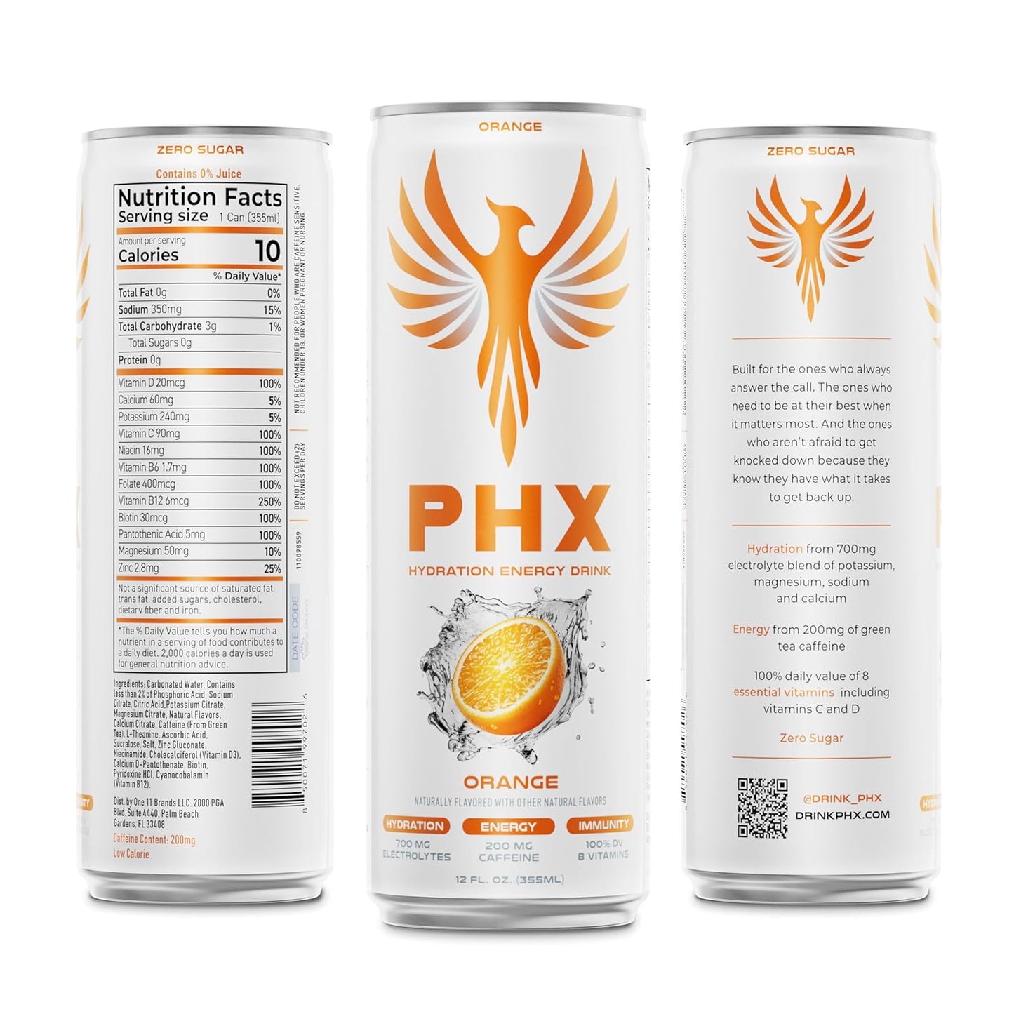 PHX Hydration Energy Drink - 700mg Electrolytes, 200mg Natural Green Tea Caffeine, 100% Daily Value 8 Essential Vitamins - 12 oz Cans (12 Pack) (12 Pack, Orange)