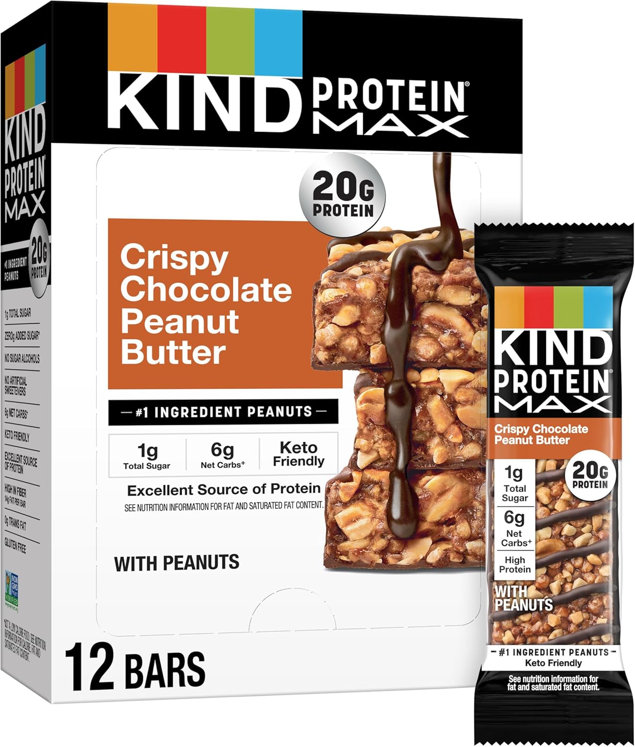 KIND Protein MAX Crispy Chocolate Peanut Butter Snack Bars, 20g of Protein, Keto Friendly, 1g of Sugar Per Bar, Gluten Free, 12 Count Box