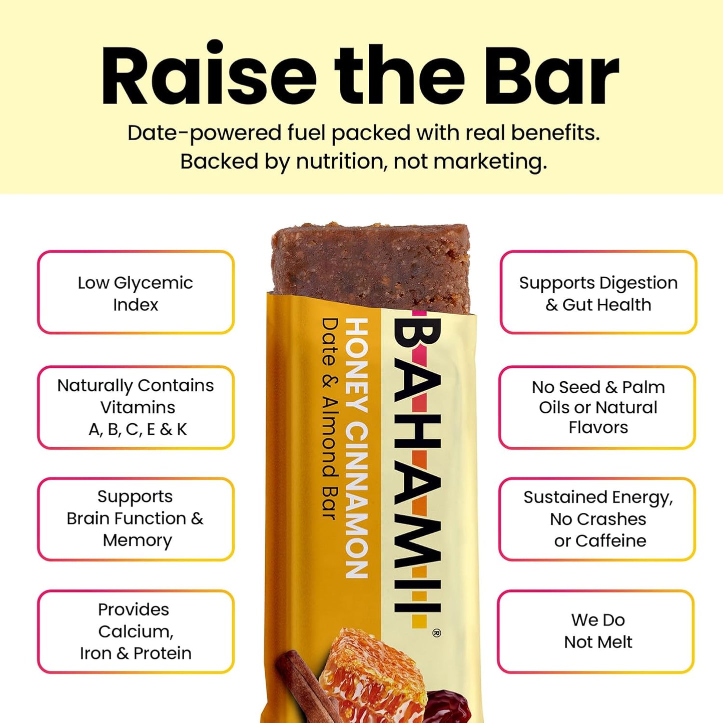 Bahamii - Almond & Date Bars (Honey Cinnamon) - Healthy Snack Bars with Dates - Non-GMO, Gluten-Free, Dairy-Free, Kosher, and No Sugar Added Fruit and Nut Bar - Simple Ingredient Snack (12-Pack)