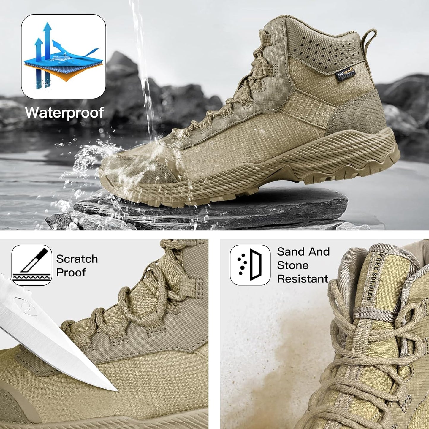 FREE SOLDIER Men's Tactical Hiking Boots Breathable Desert Boots Lightweight Work Military Boots