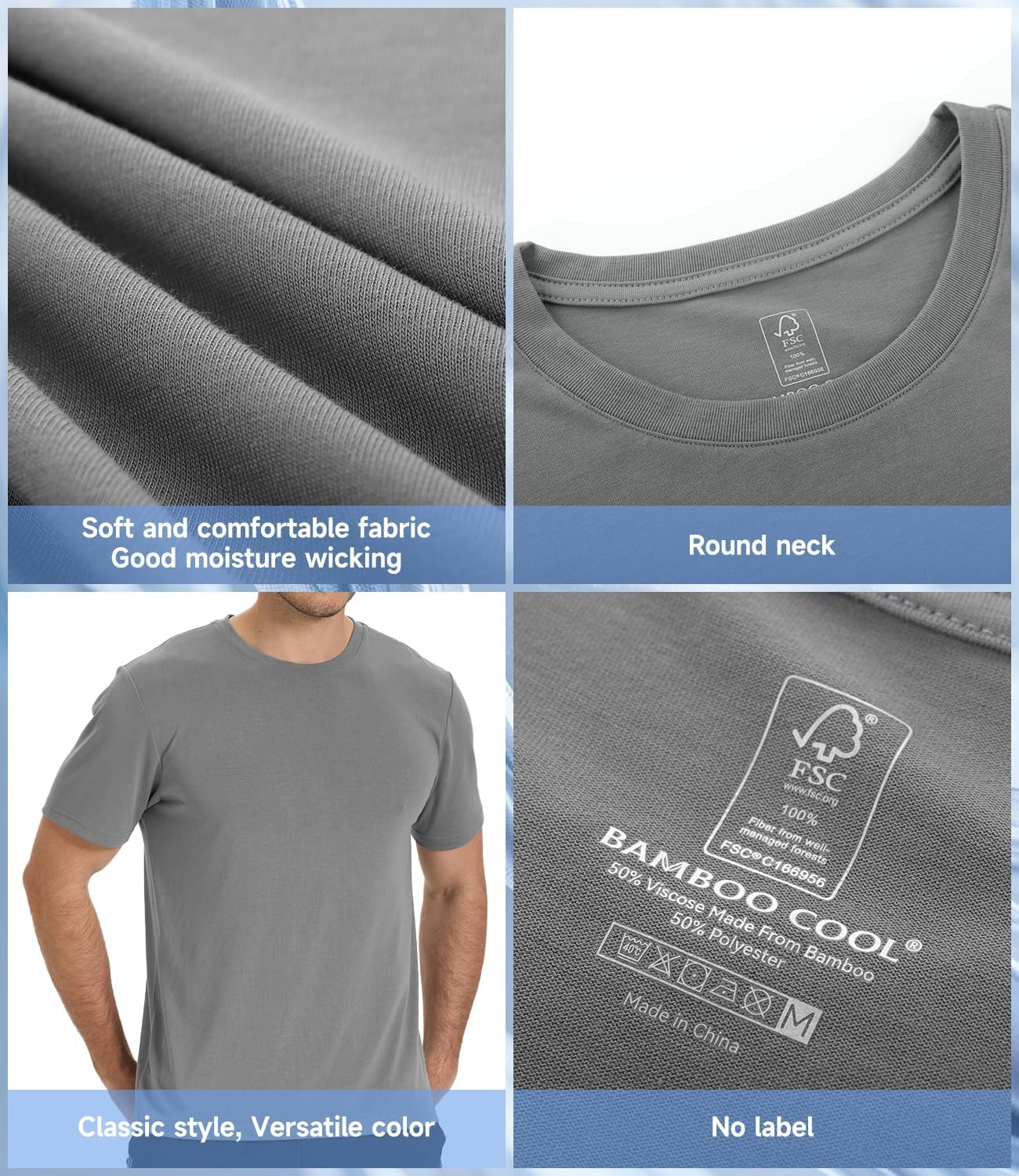 BAMBOO COOL Men's Crewneck T-Shirts Short Sleeve Heavy Weight Tees Athletic Casual Basic T Shirt